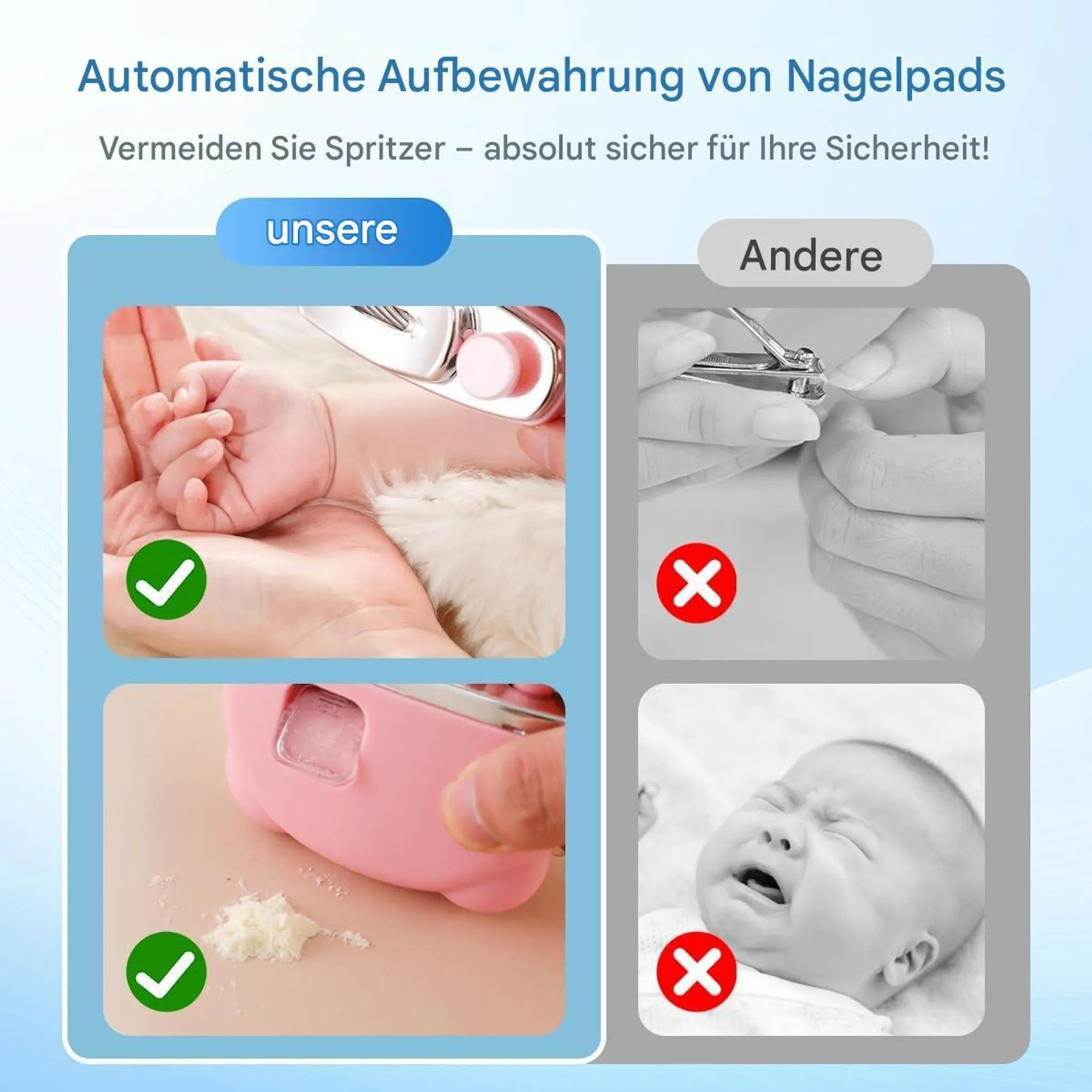 Vergleich: Sichere Nagelpflege für Babys vs. unsichere Methode.