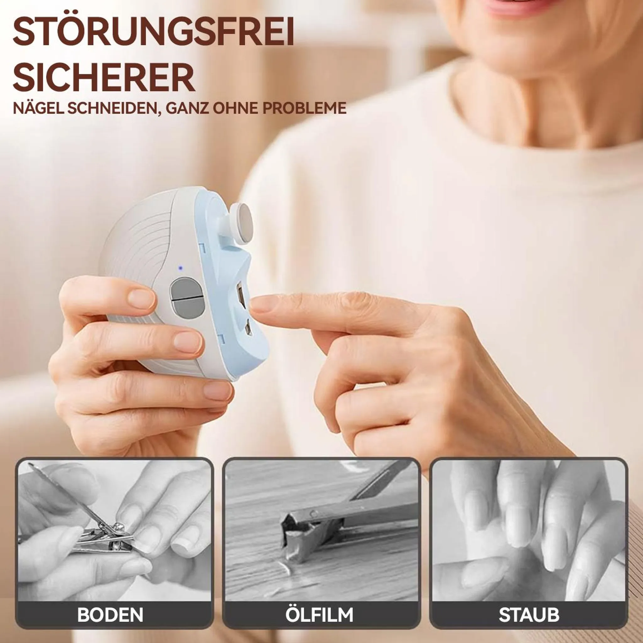 Frau benutzt elektrischen Nagelknipser. Unten: Nagelschere, Ölfilm, Staub.