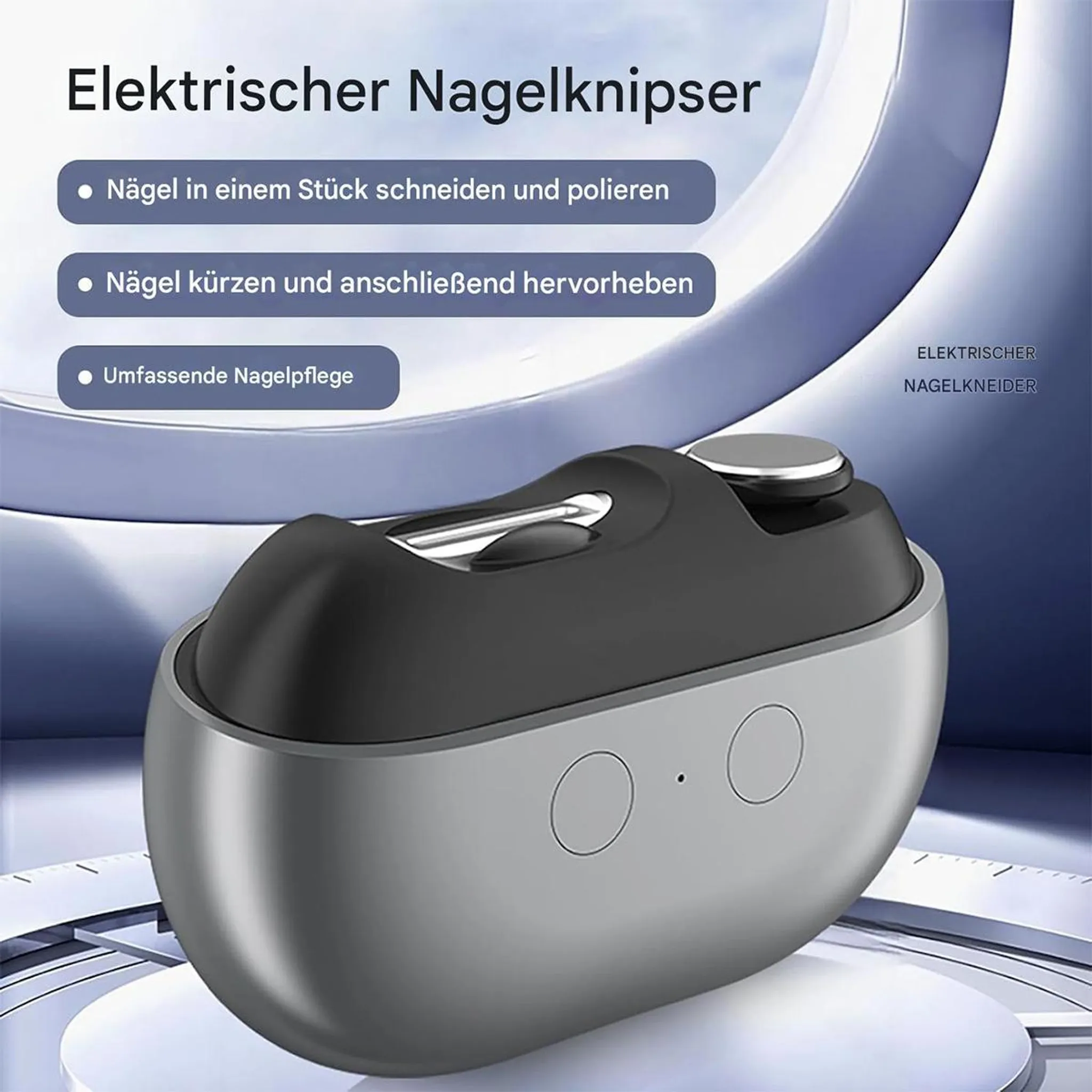 Elektrischer Nagelknipser zum Schneiden, Polieren und Kützen von Nägeln.