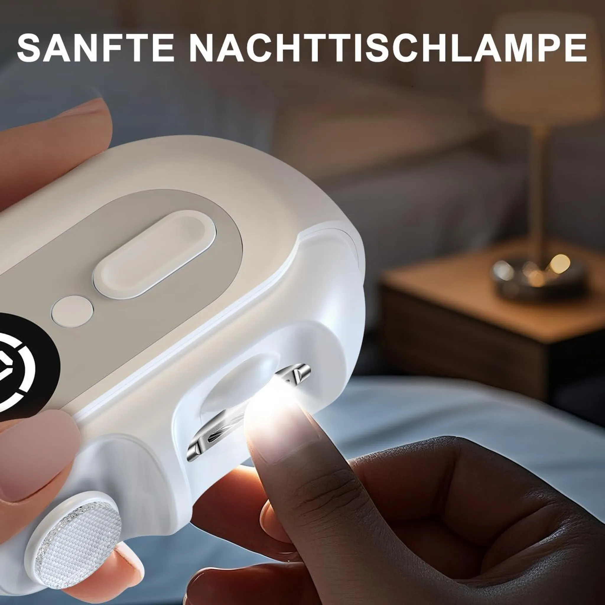 Hand hält weiße Lampe mit Lichtschalter. Nachttisch im Hintergrund.