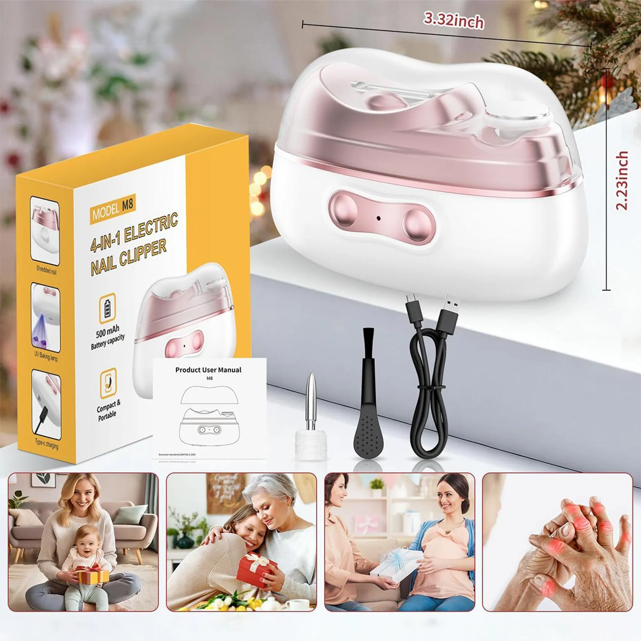4-in-1 Nagelknipser mit UV-Lampe, Zubehör und Ladekabel.
