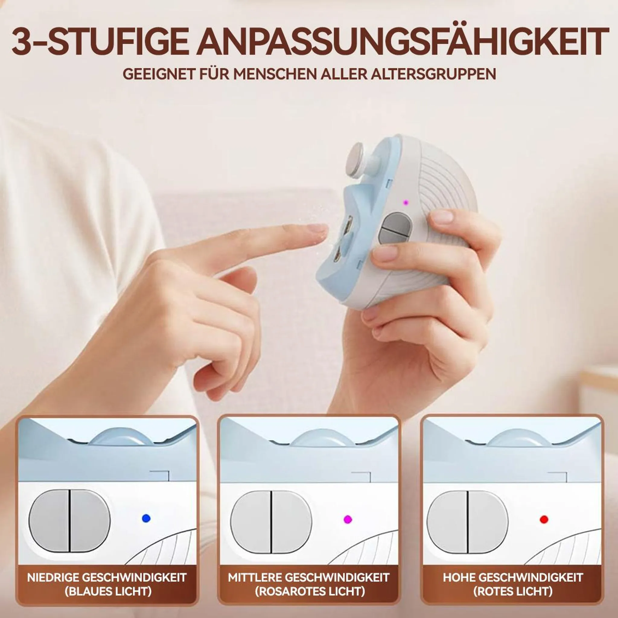 Drei Geschwindigkeitsstufen für Nageltrimmer mit blauen, rosafarbenen und roten Lichtern.