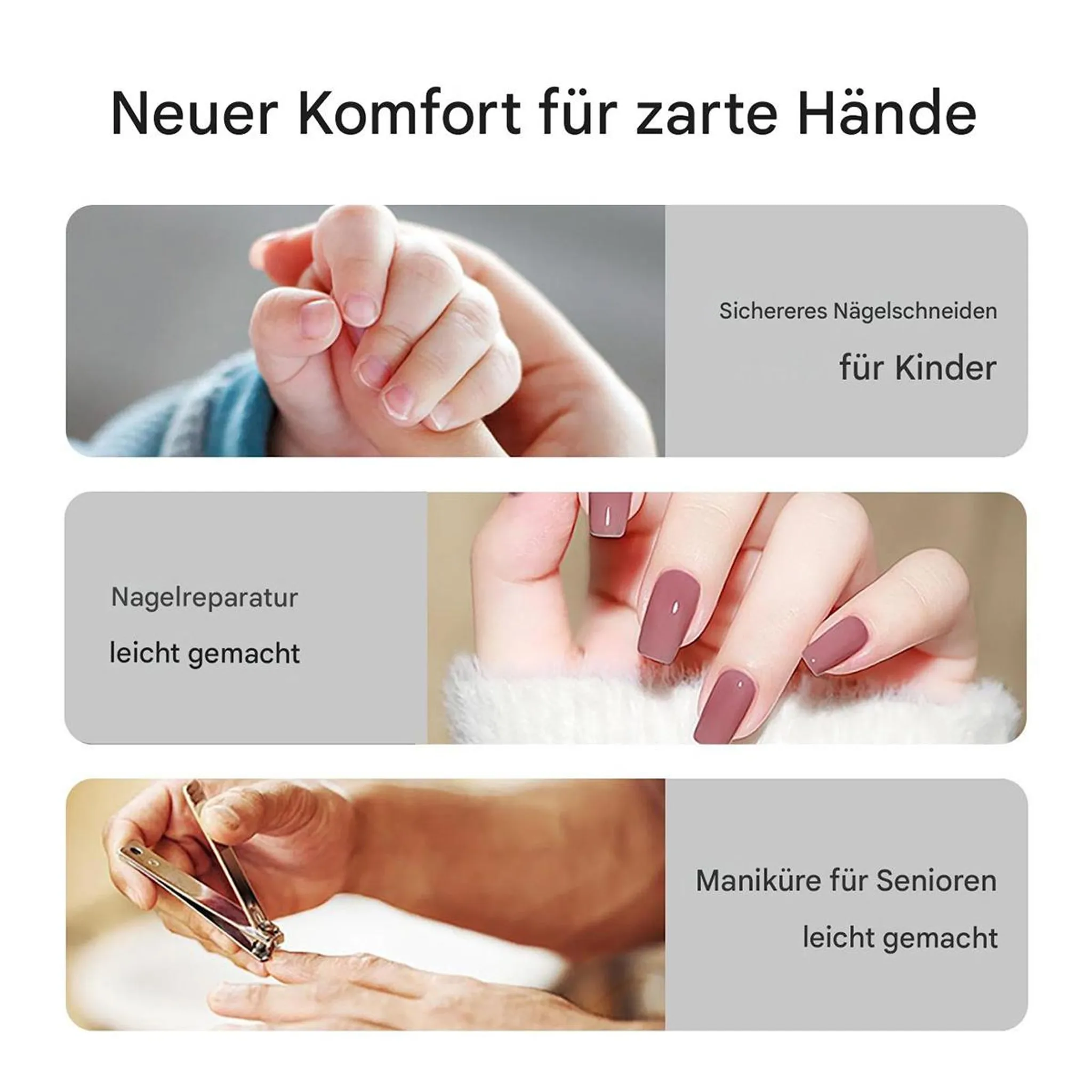 Babyhände, lackierte Nägel, Senioren beim Nagelschneiden.