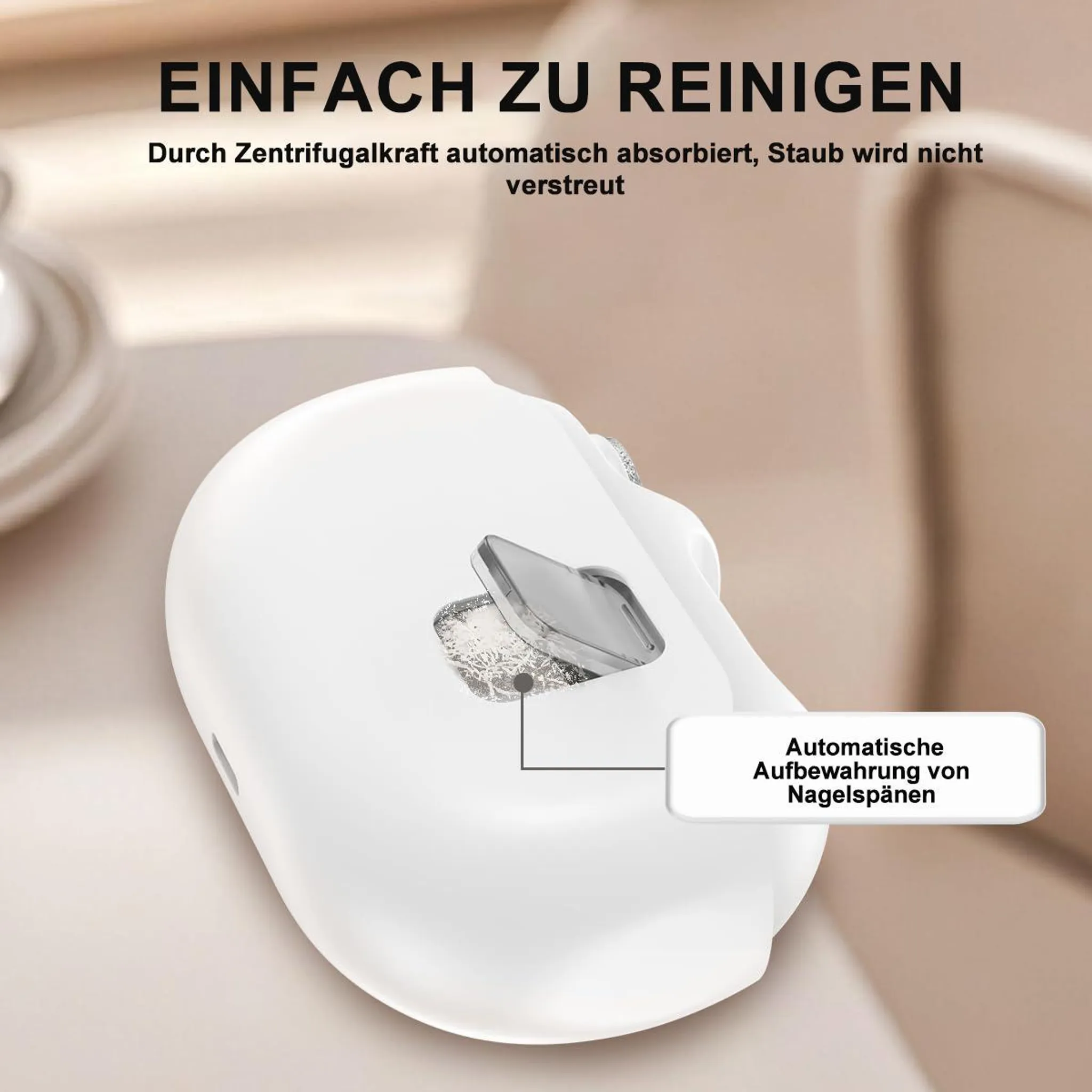 Weißes Nagelknipser-Gerät mit automatischem Staubfang. Einfach zu reinigen.
