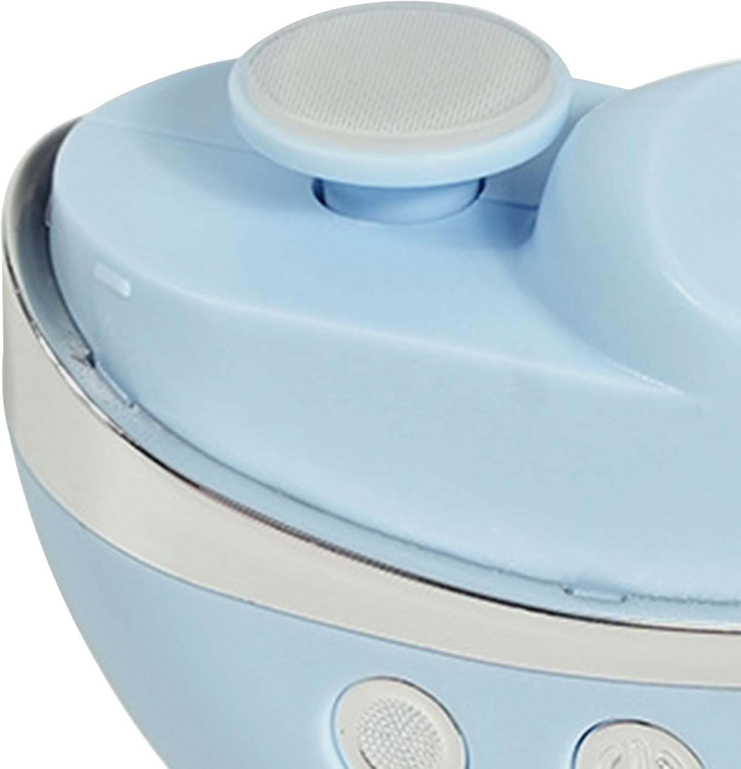 Blaue Peeling-Maschine mit silbernem Rand und rauer Oberseite.