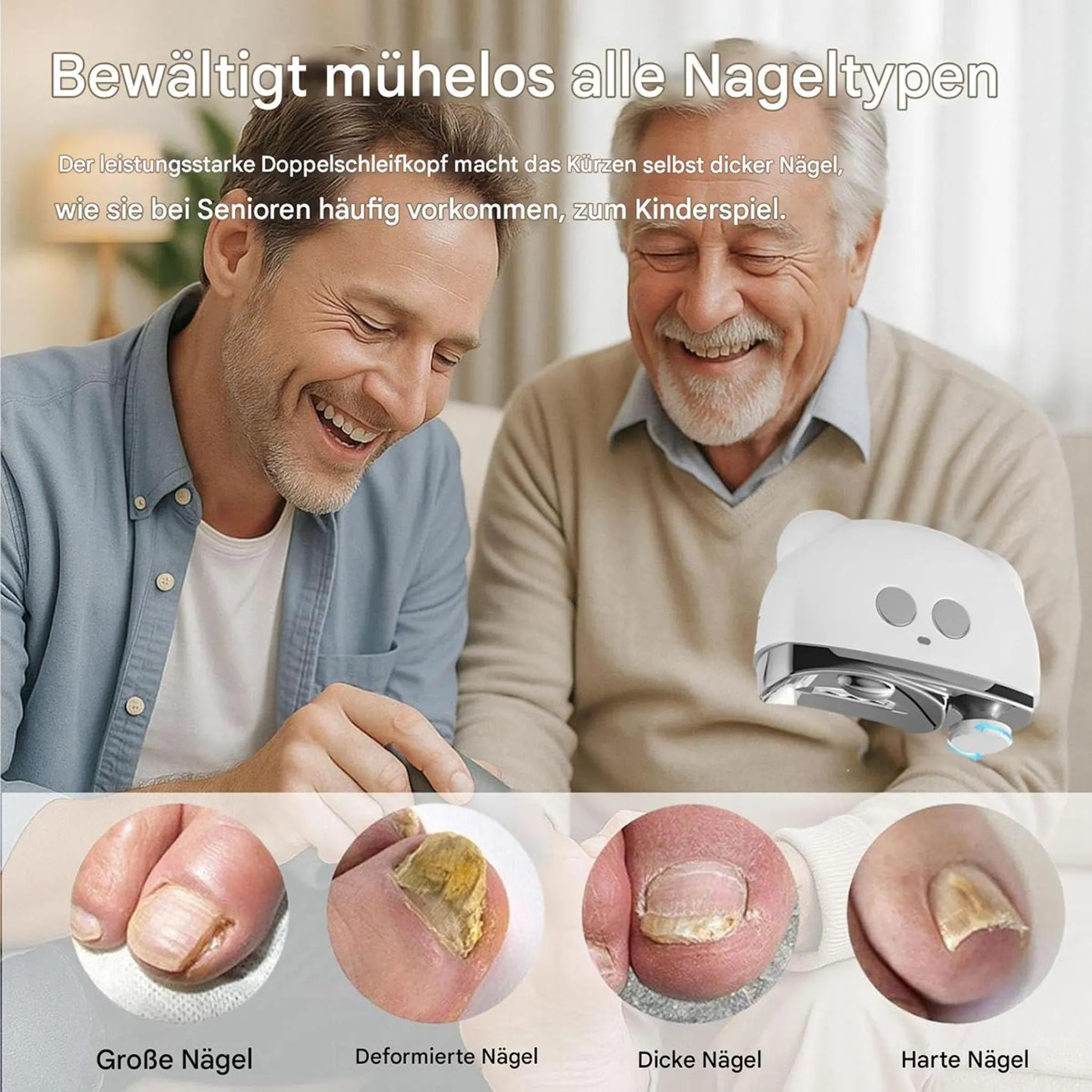 Zwei Männer lachen. Unten sind vier Nahaufnahmen von Nägeln.