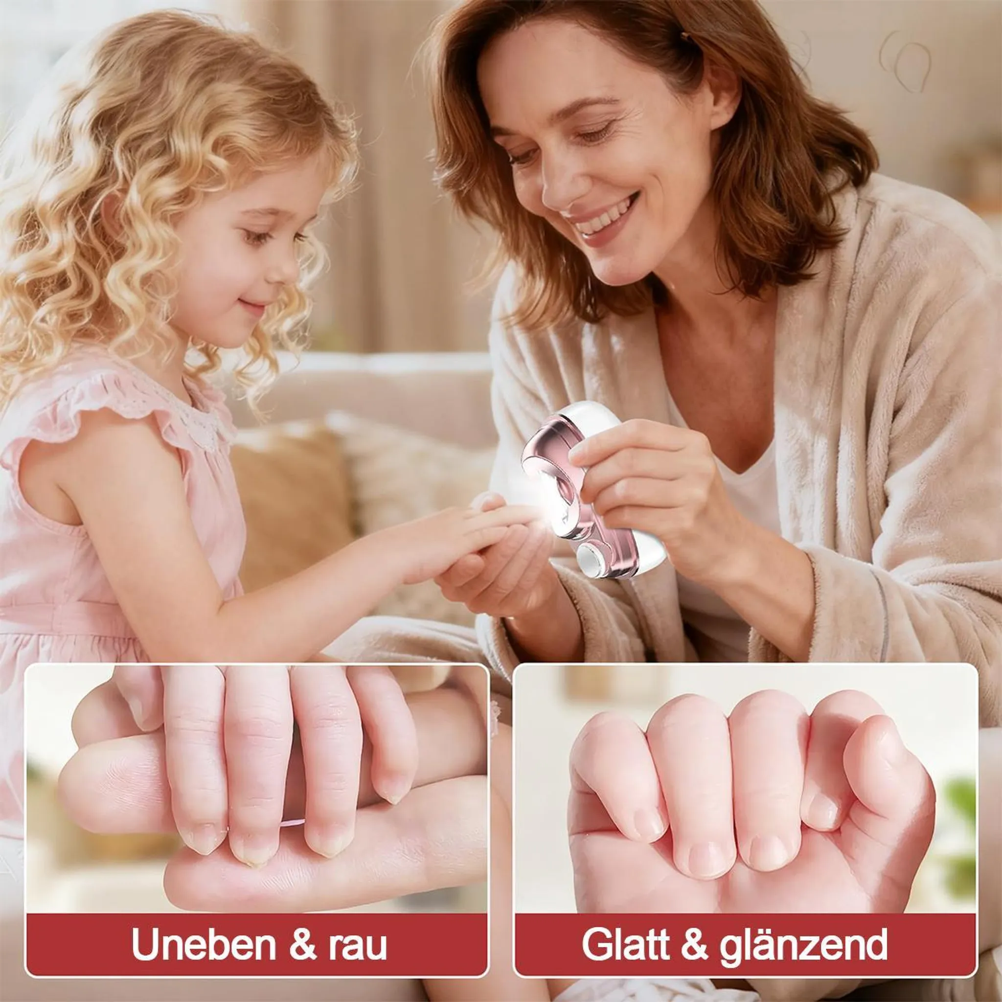 Frau feilt Kinder fingernagel mit elektrischem Gerät.