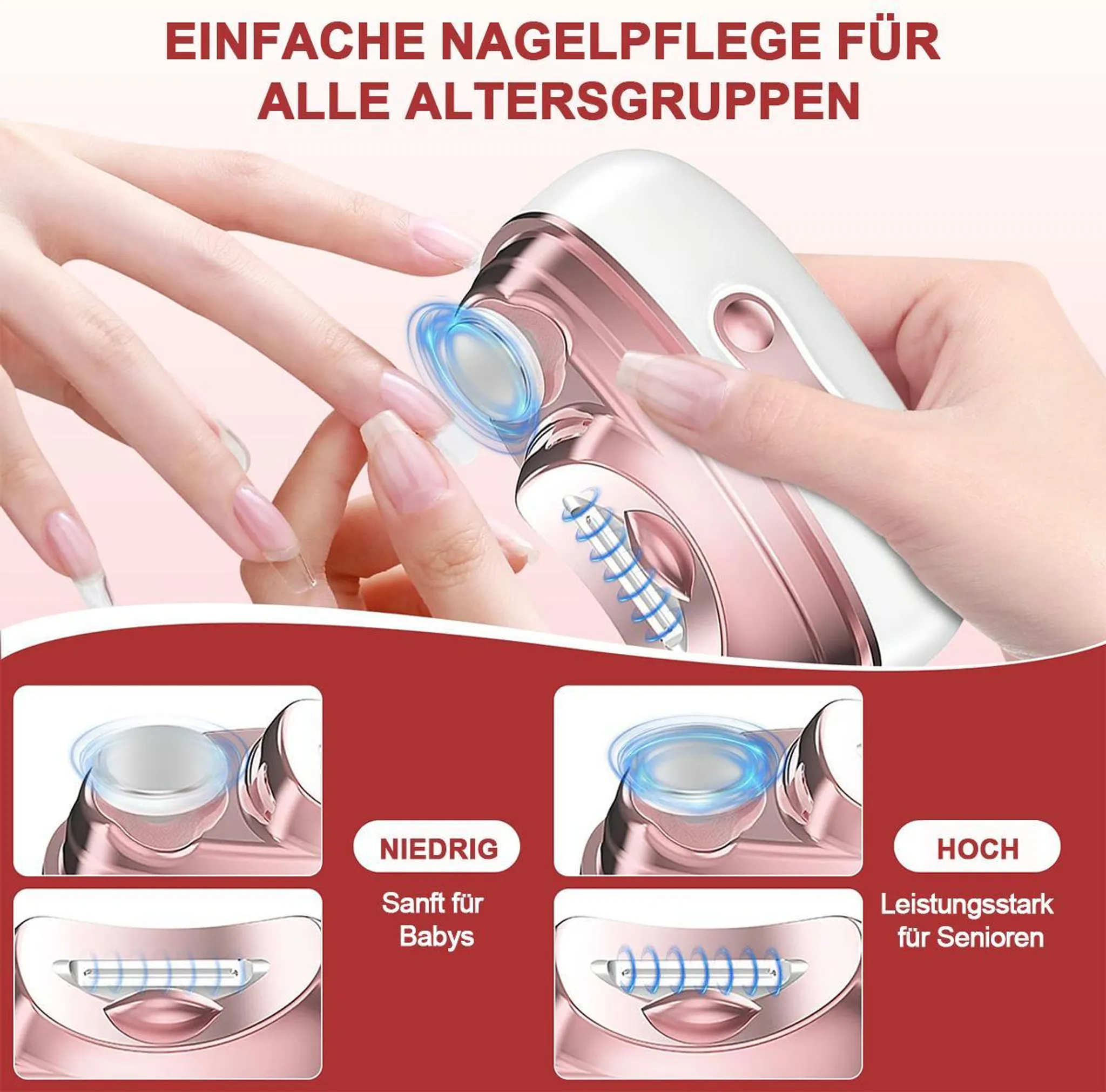 Ein roségoldenes Nagelpflegegerät mit verschiedenen Aufsätzen, die für Babys und Senioren geeignet sind.