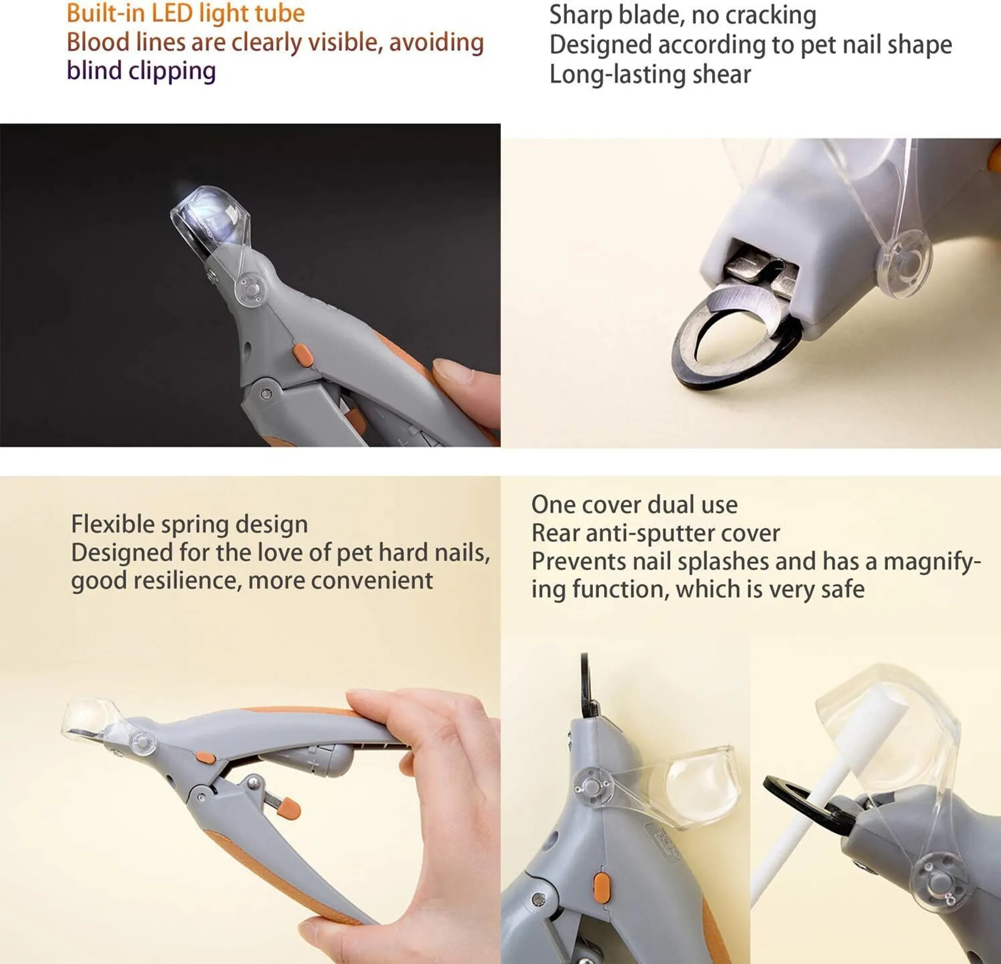 Graue Haustier-Nagelknipser mit LED-Licht, scharfer Klinge und Spritzschutz.