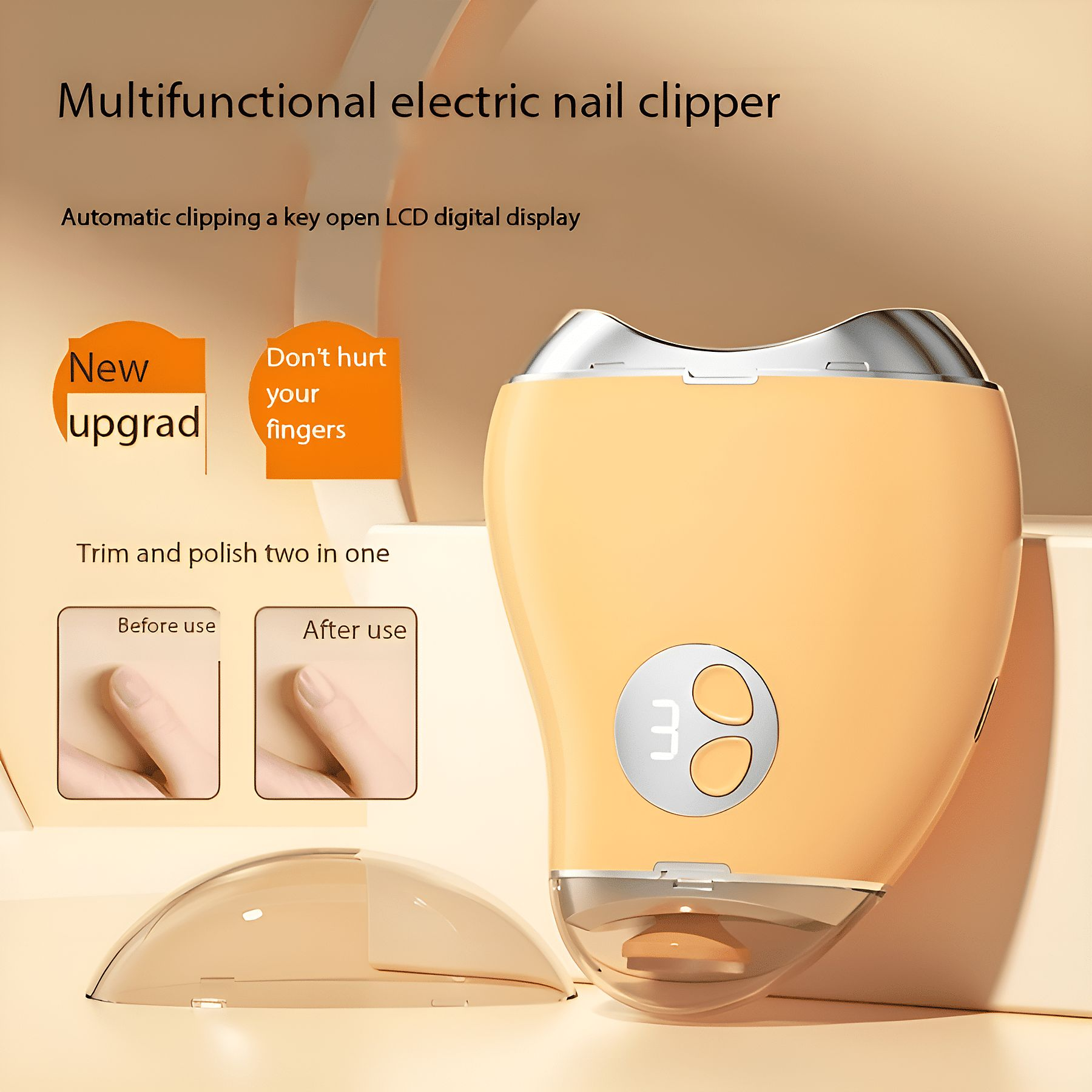 Gelber elektrischer Nagelknipser mit LCD-Anzeige. Zeigt Vorher/Nachher-Nagelnutzung.