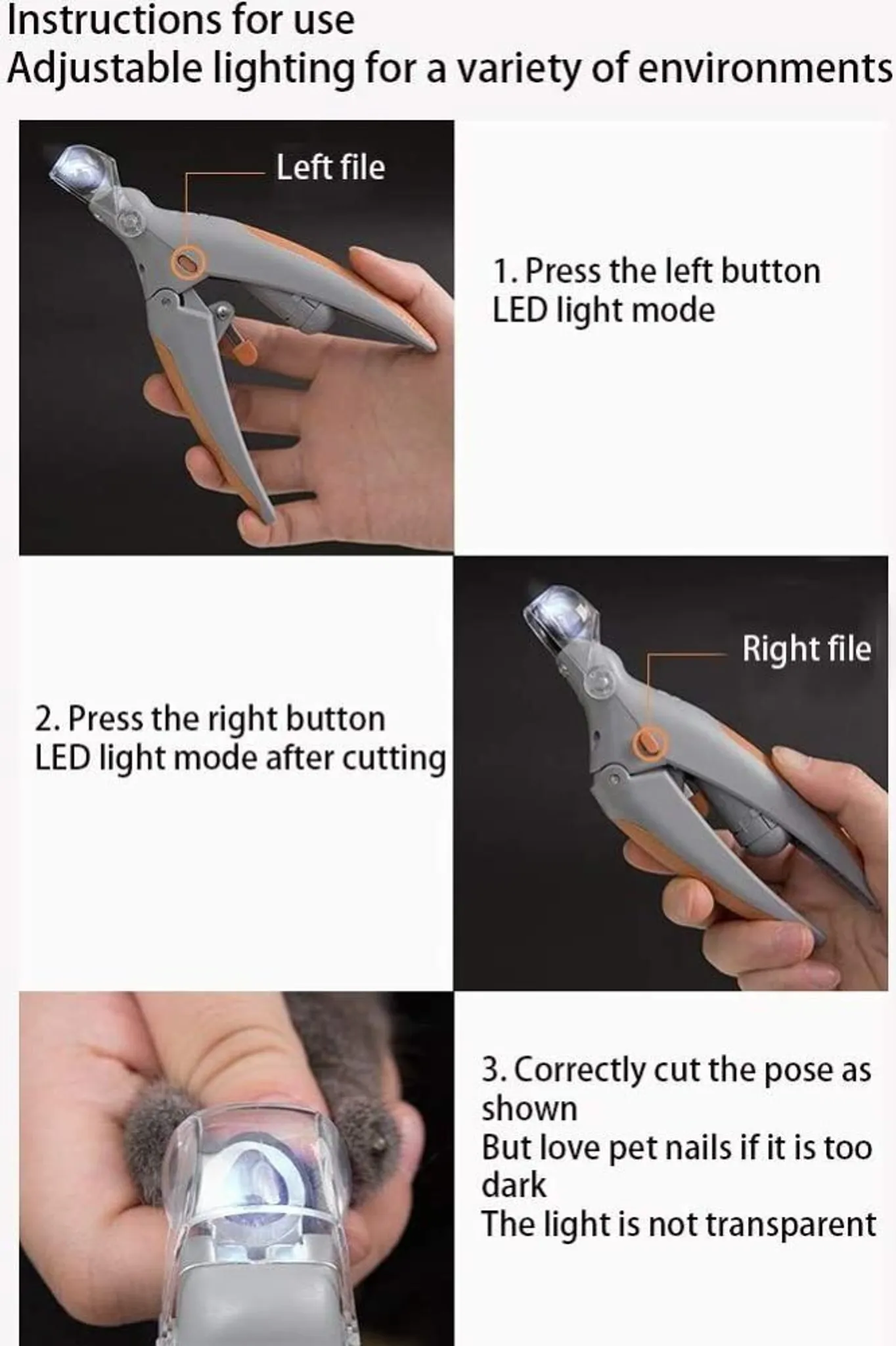Pet-Nagelknipser mit LED-Licht. Anleitung zeigt linke/rechte Seite.