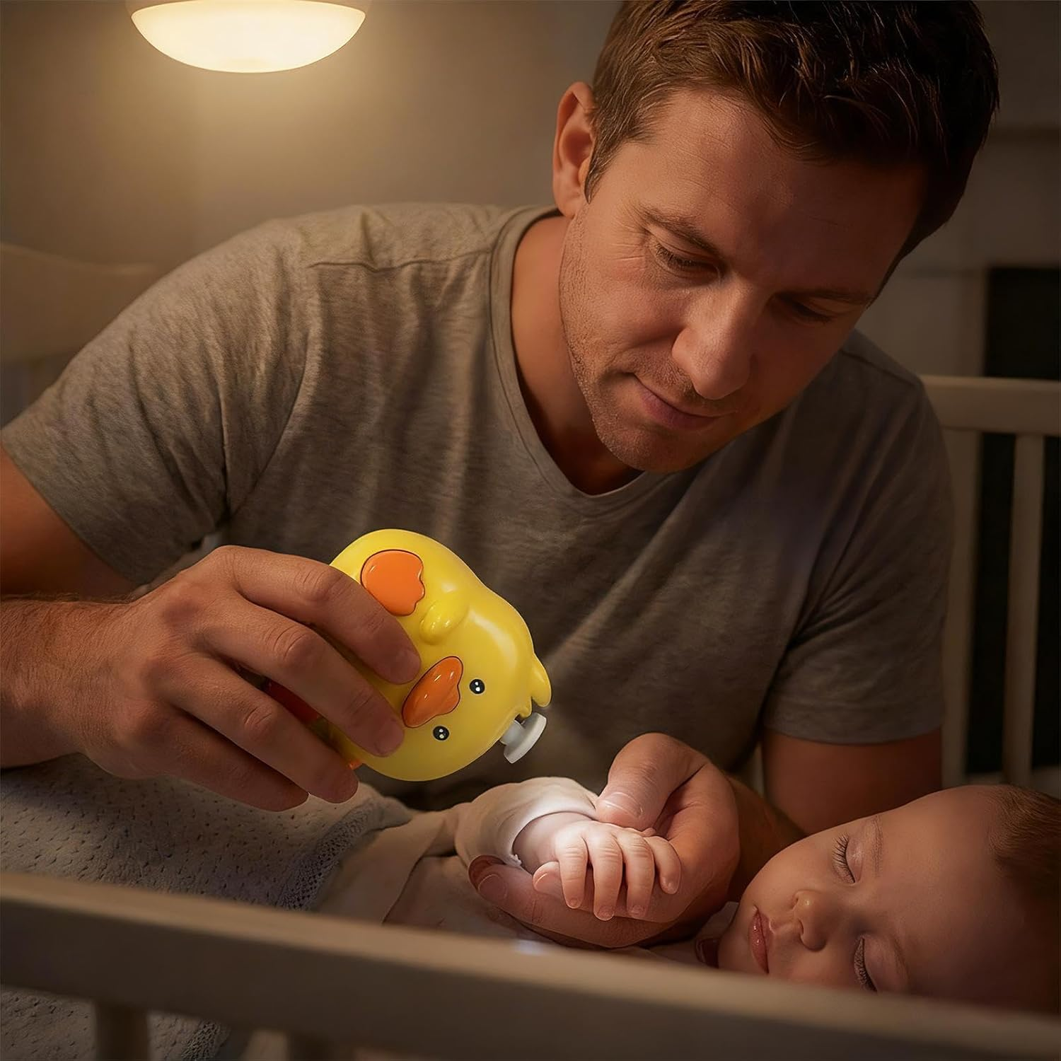 Mann hält gelbe Quietscheente-Lampe über schlafendes Baby im Kinderbett.