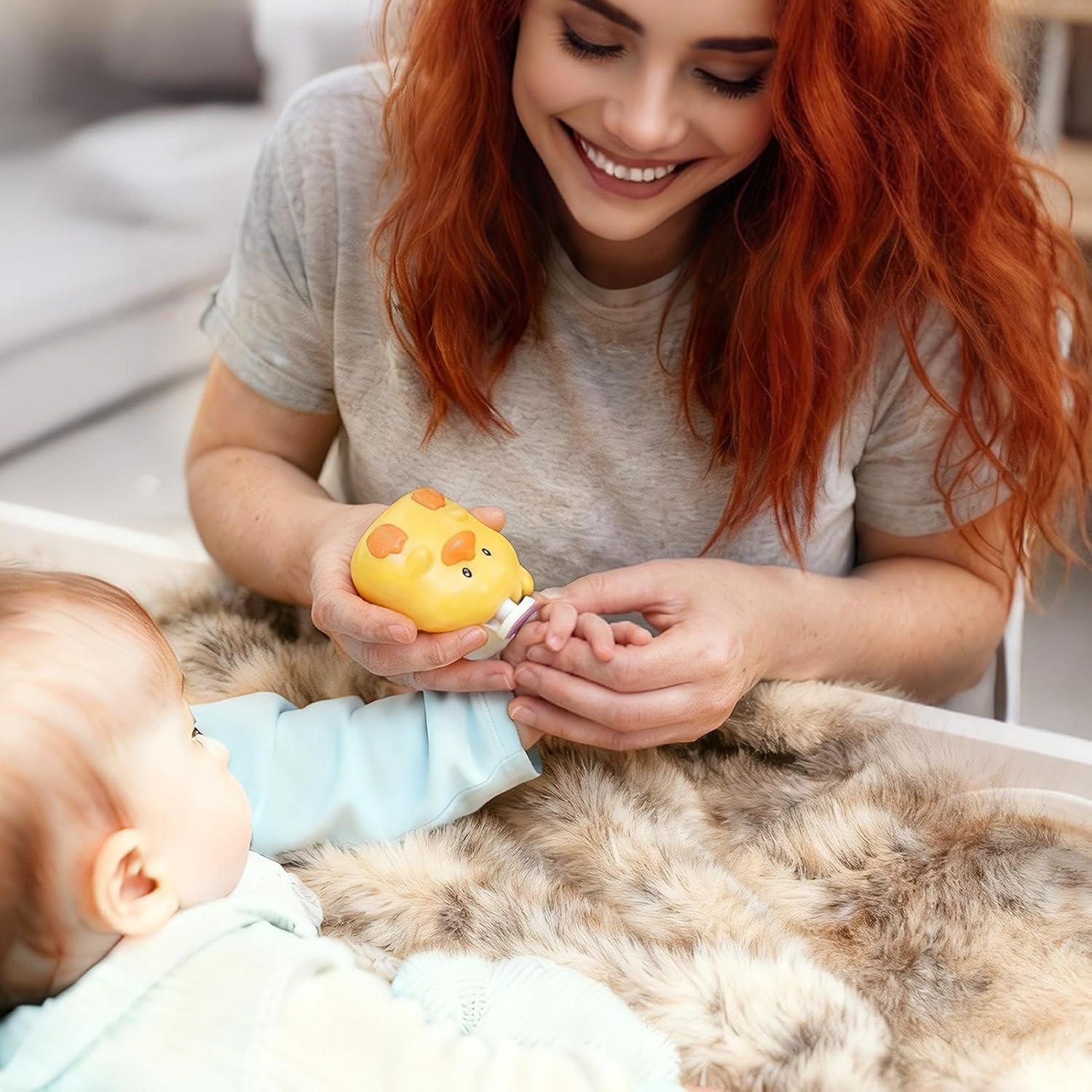 Eine Frau mit roten Haaren lächelt und hält ein gelbes Entenspielzeug für ein Baby.