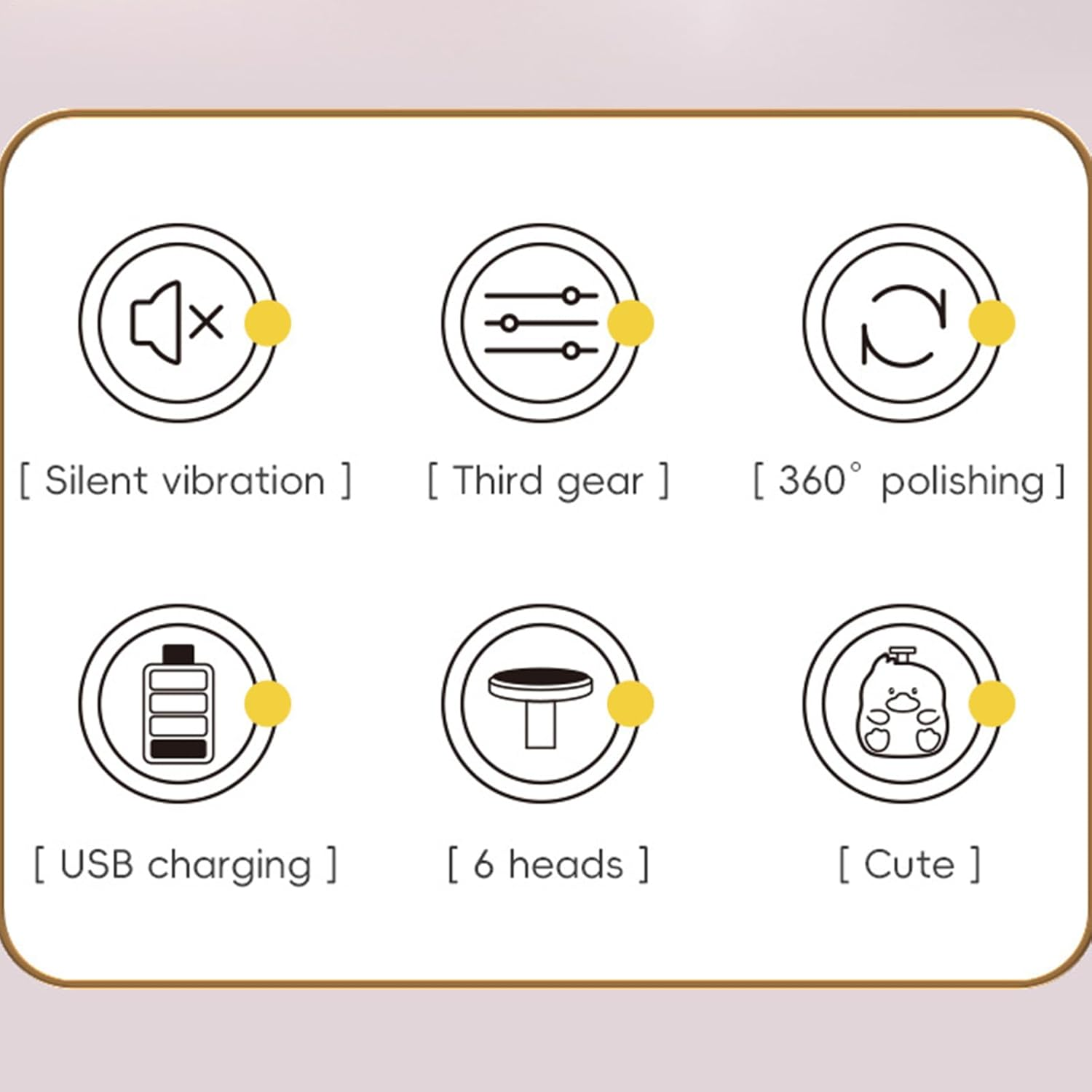 Symbole: Stumme Vibration, 3 Gänge, 360° Polieren, USB-Ladung, 6 Köpfe, süß.
