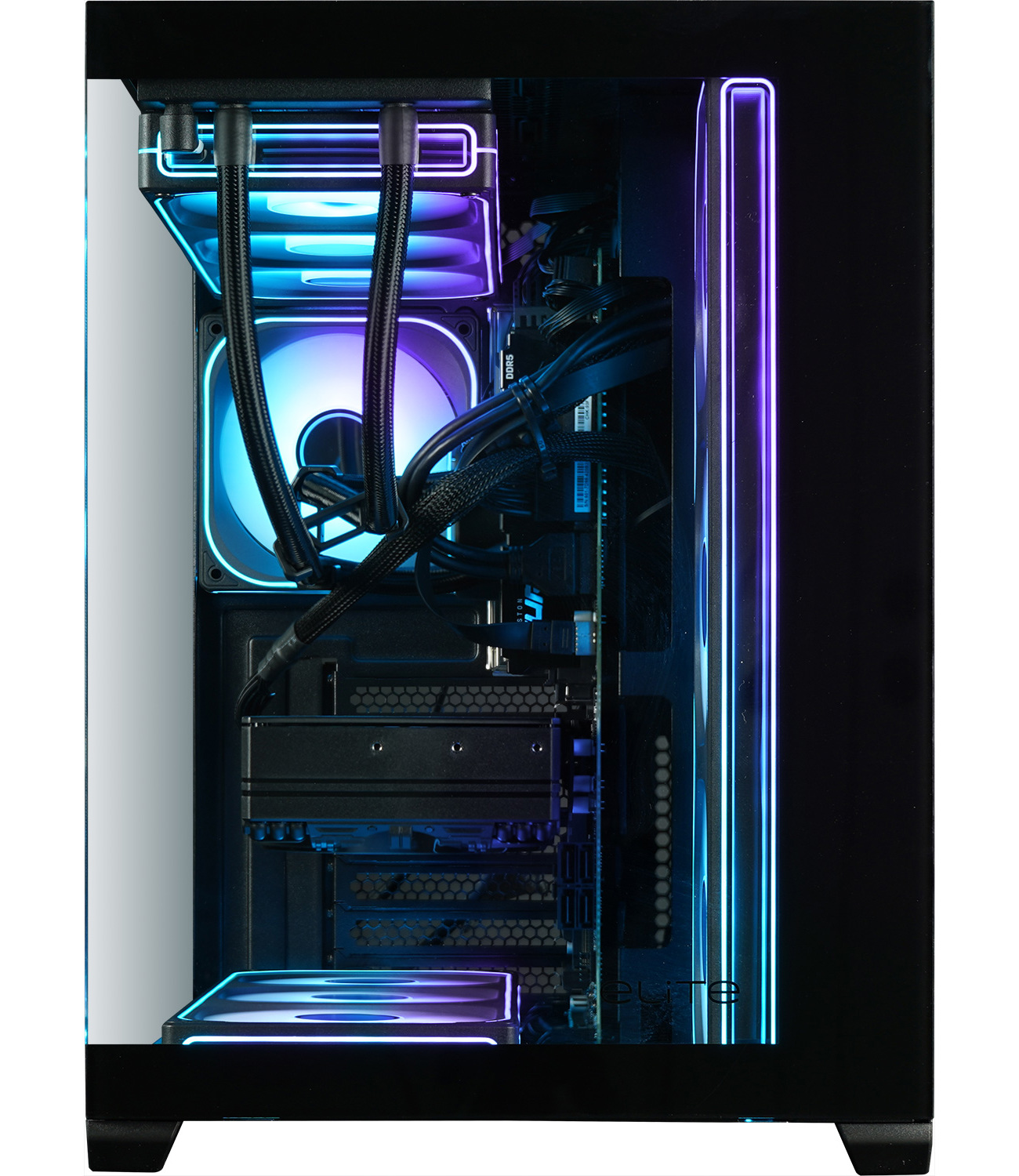 Un case PC aperto con luci blu e viola. Ventole e cavi sono visibili all'interno.