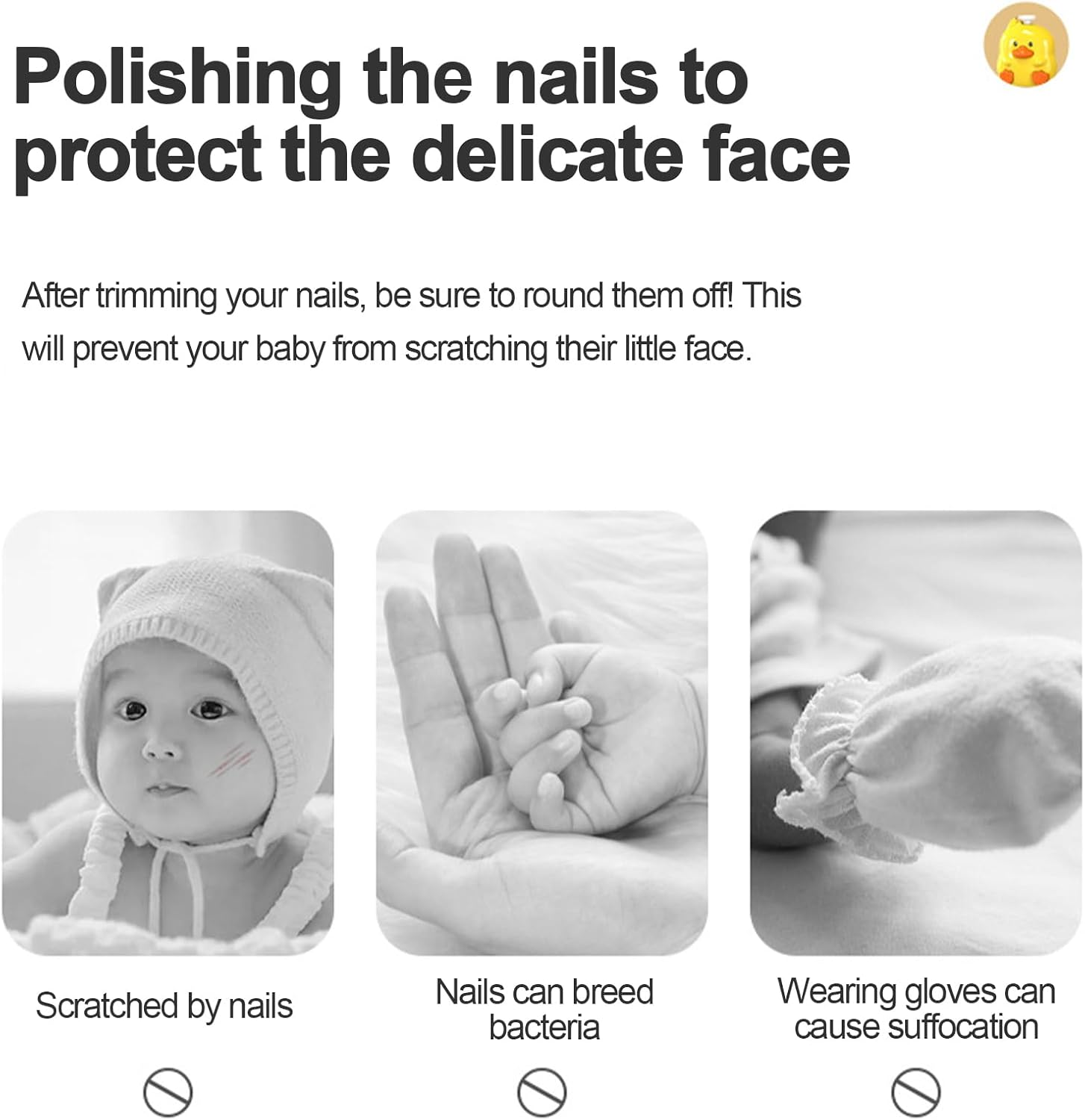 Baby mit Kratzern, Hände, Handschuh. Nägel polieren.