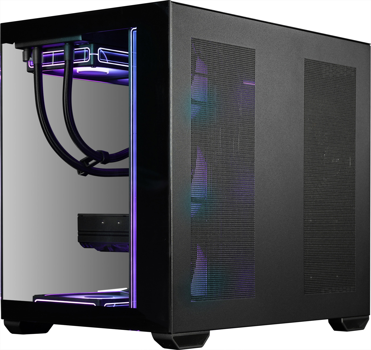 Case PC nero con frontale in vetro e illuminazione RGB viola.