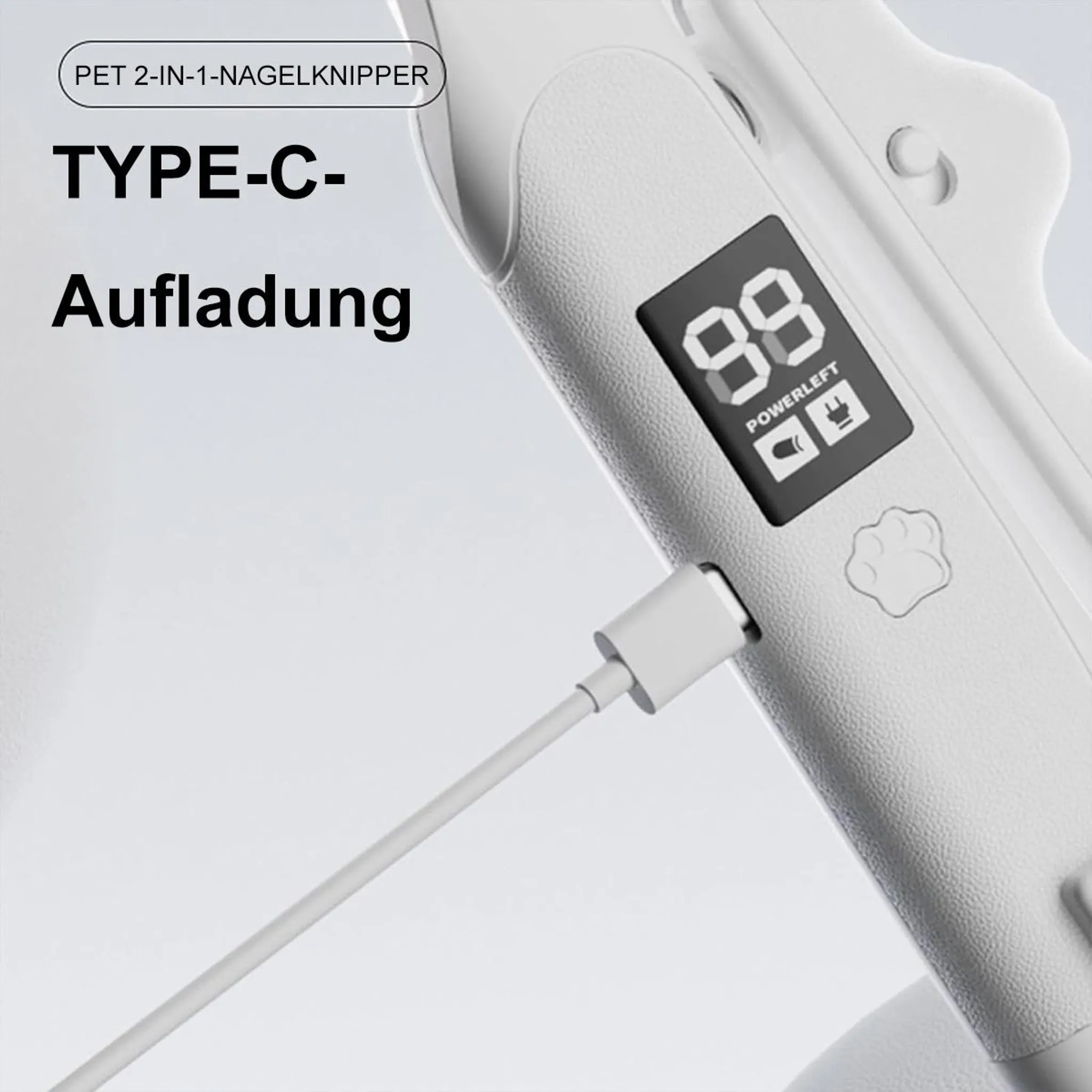 Ein weißes Haustier-Nagelknipser mit Typ-C-Ladeanschluss und Bildschirm.
