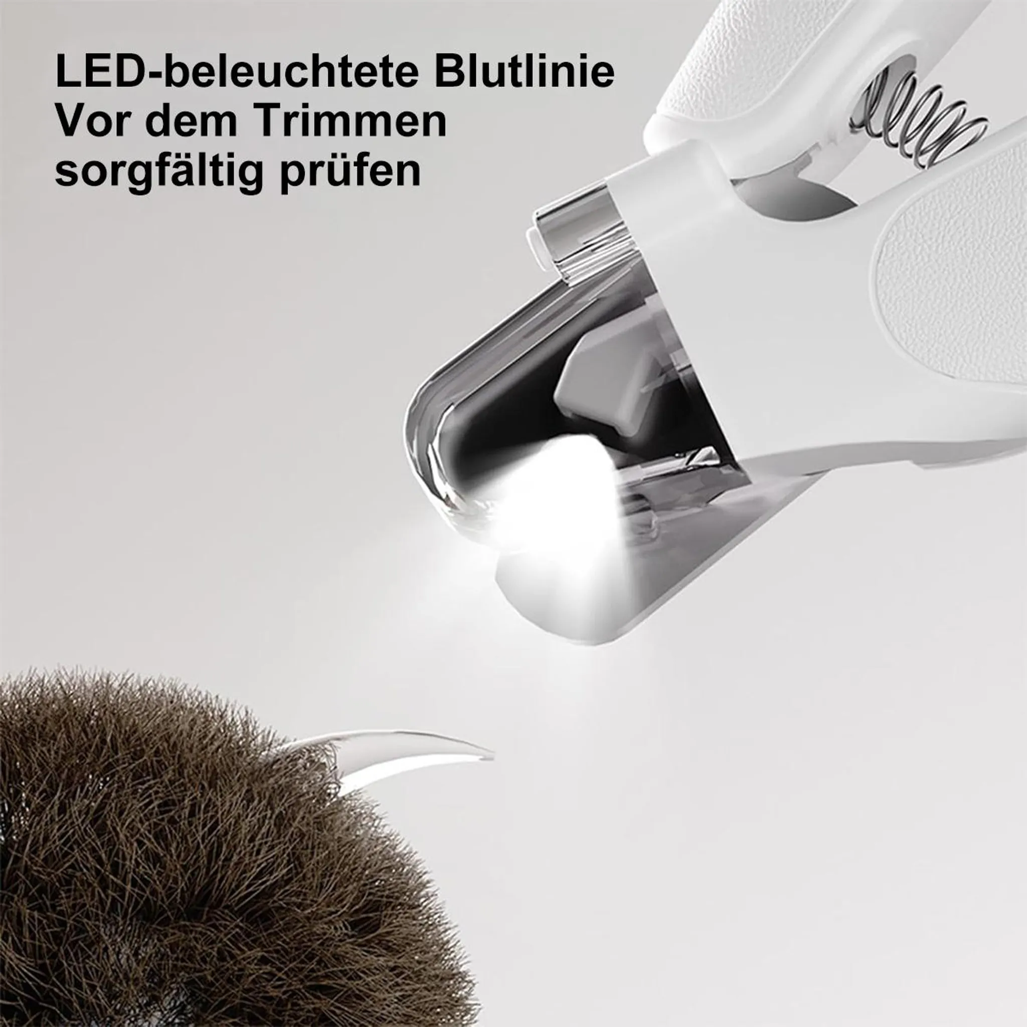 LED-Beleuchtung hilft, die Blutlinie beim Trimmen von Haustierkrallen zu sehen.