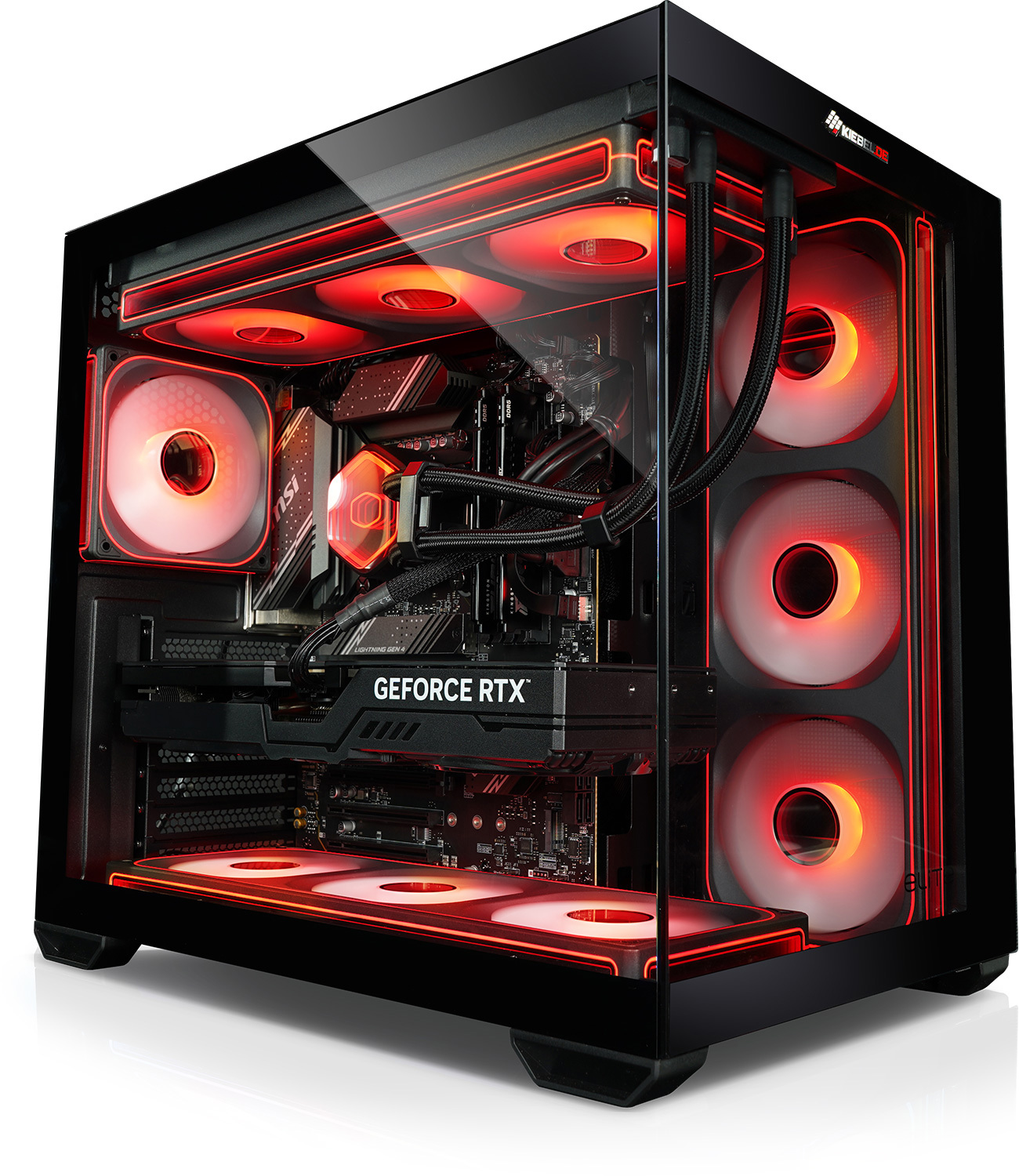 A black PC case with red lighting and visible internal components.