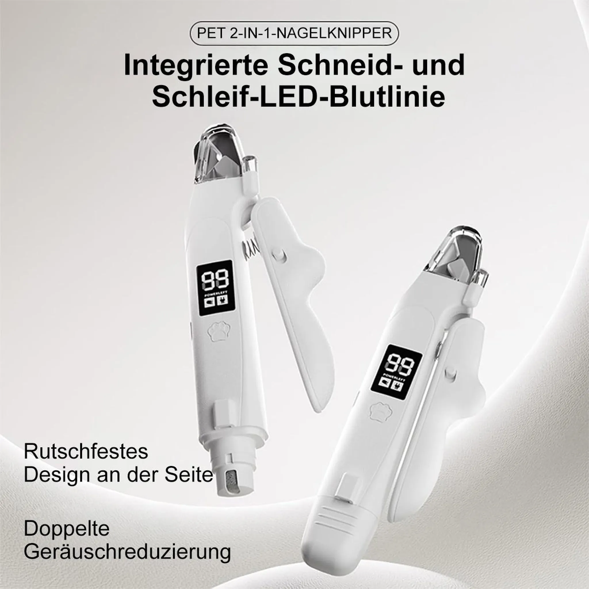 Zwei weiße, integrierte Nagelknipser für Haustiere mit LED-Licht und digitaler Anzeige.