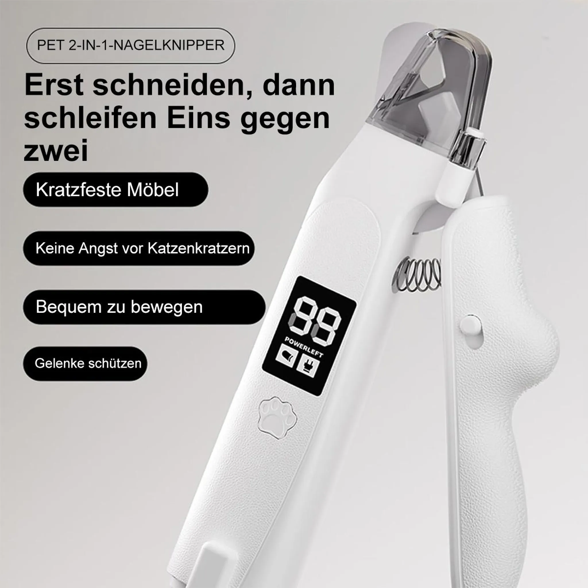 Ein weißer 2-in-1-Nagelknipser für Haustiere mit digitaler Anzeige und Feder.