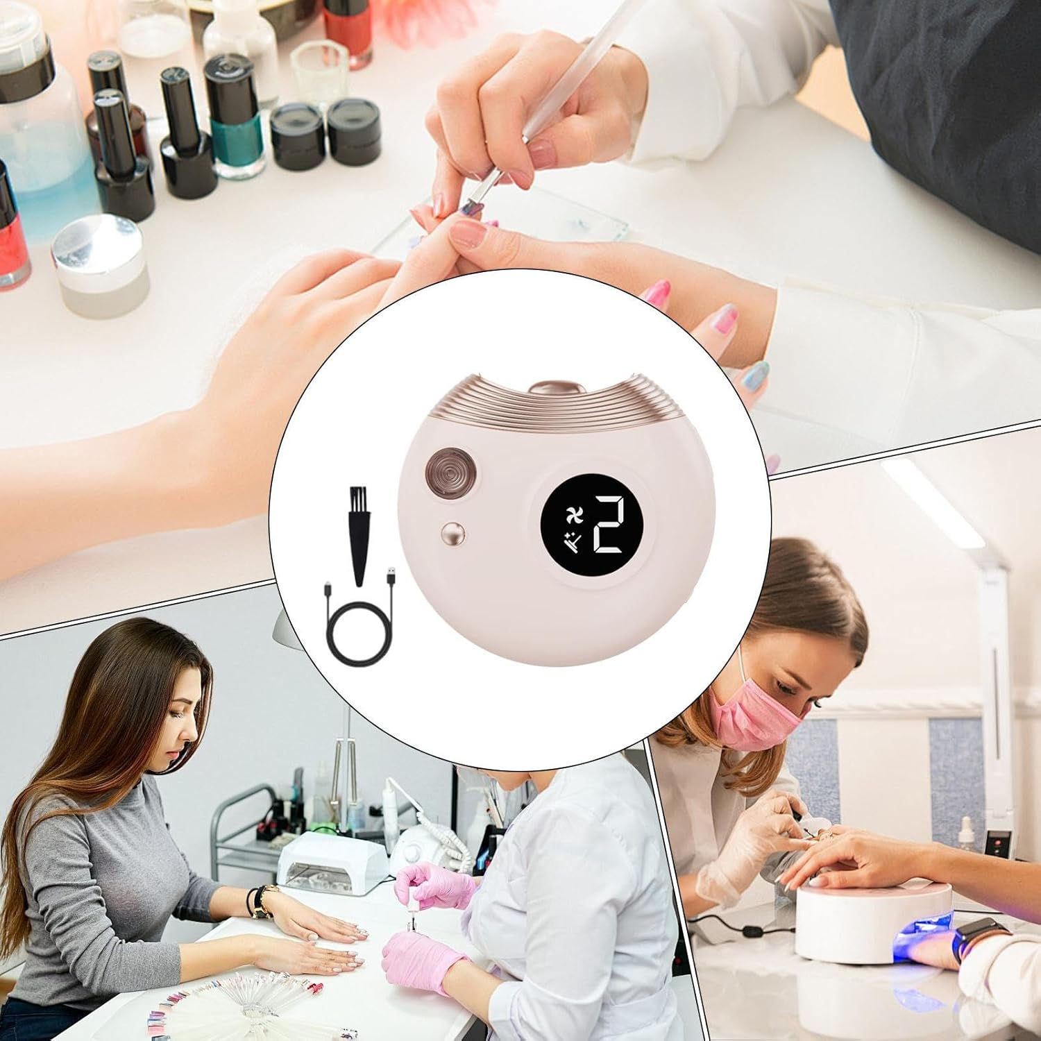 Collage zeigt Nagelpflege: Hände bei Maniküre, UV-Lampe, Nagellackflaschen, Nahaufnahme eines Geräts.