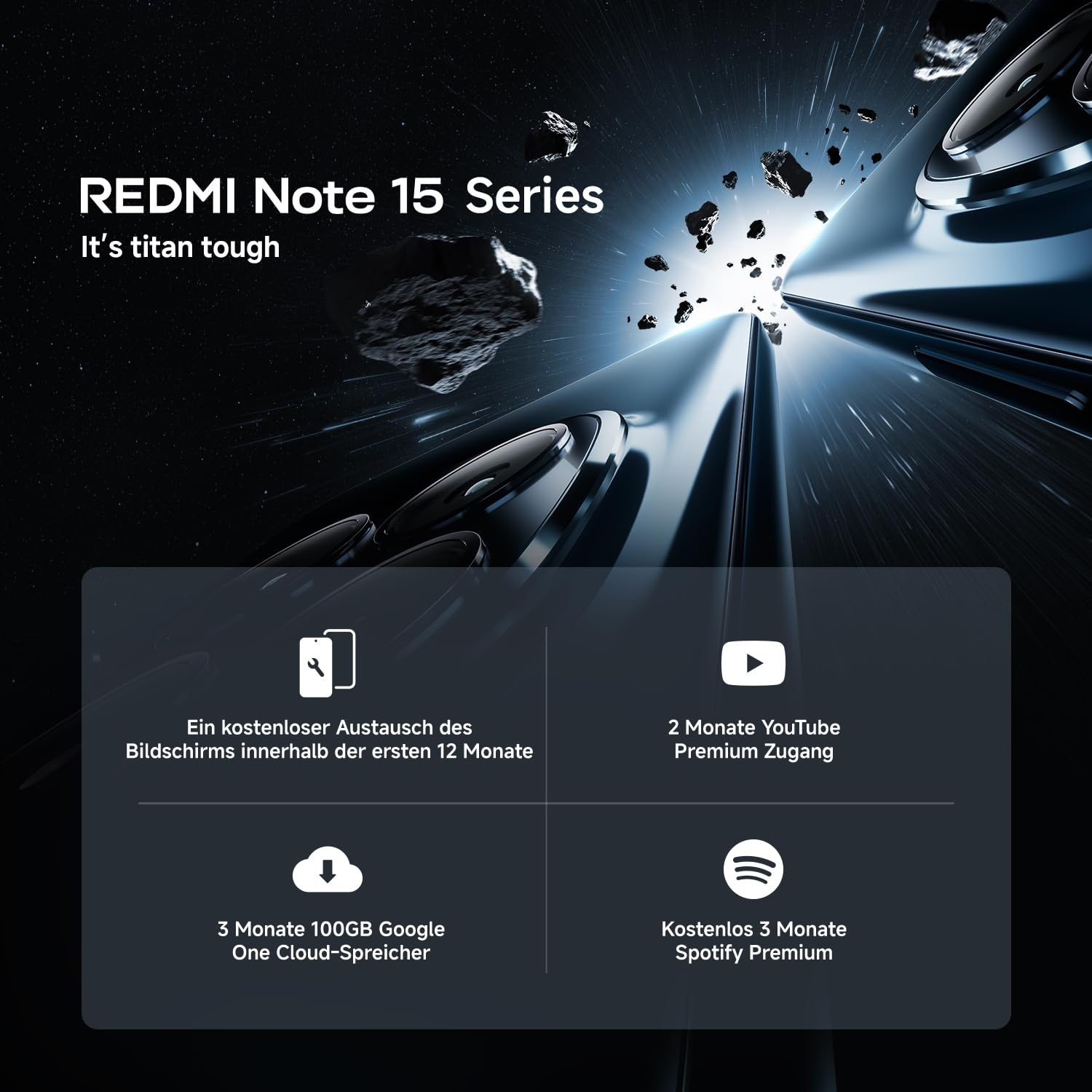 Redmi Note 15 Serie: Kostenloser Bildschirmaustausch, 2 Monate YouTube Premium, 3 Monate Google One, 3 Monate Spotify Premium.