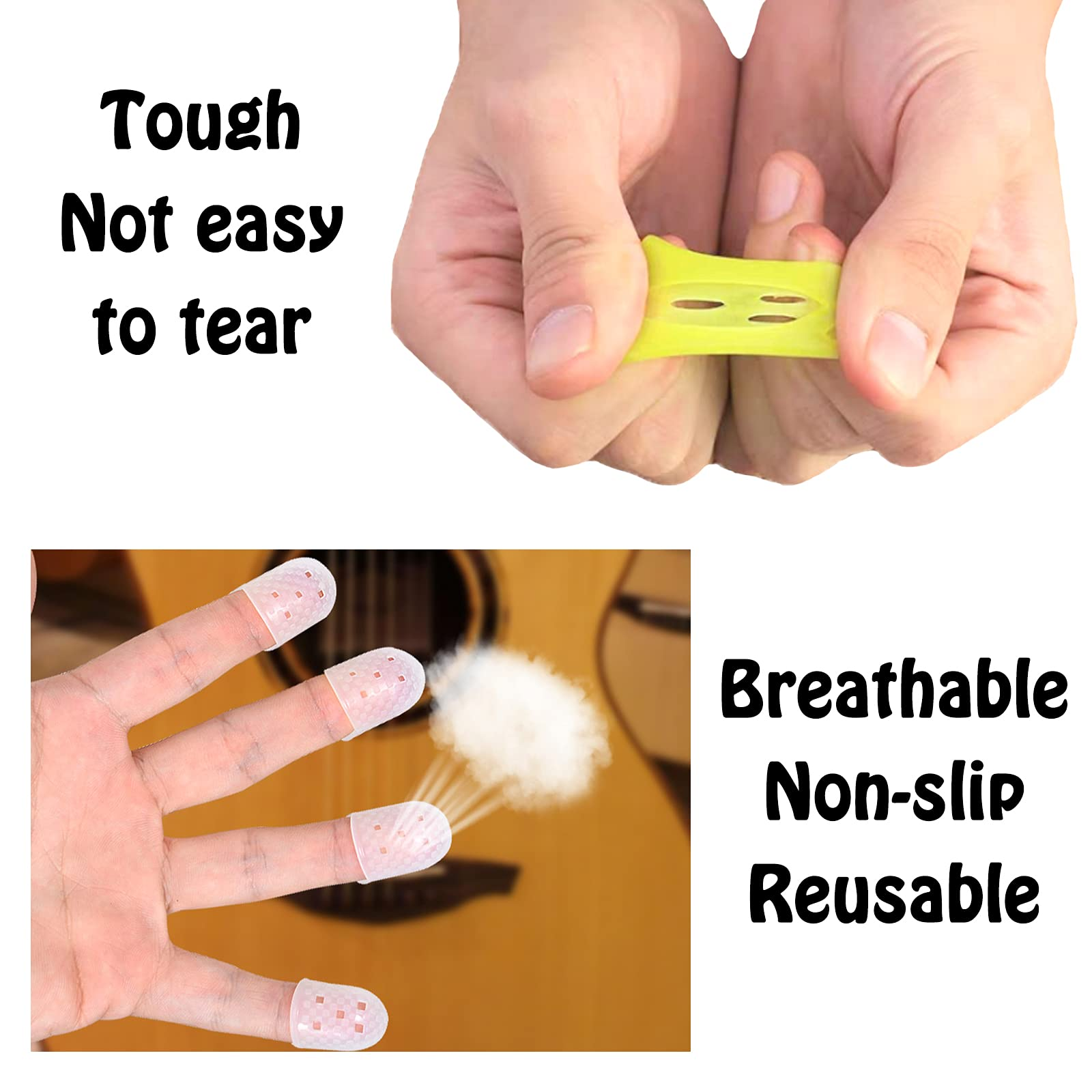 Nakładki na palce na gitarze, dłonie z żółtym narzędziem, tekst: Wytrzymałe.