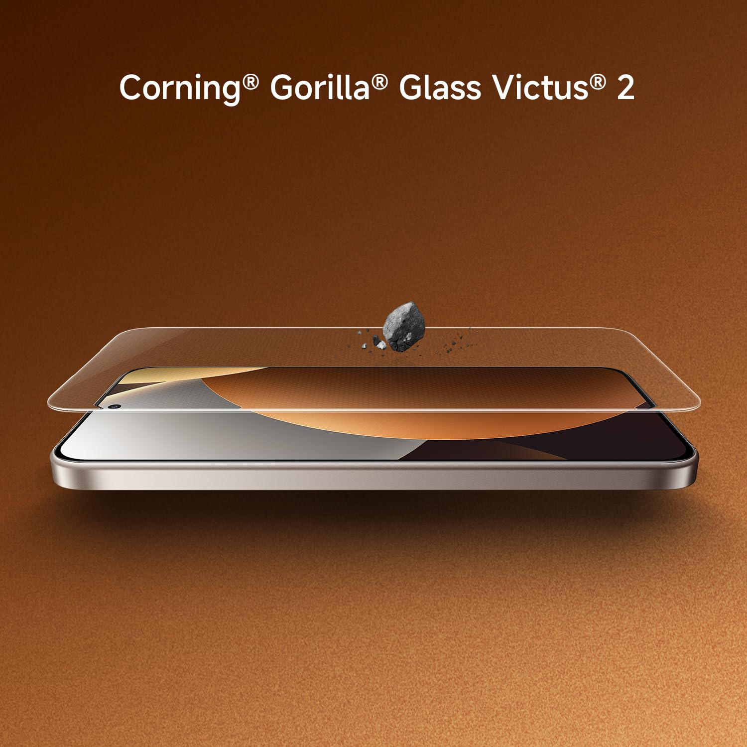 Gorilla Glas Victus 2 schützt ein Smartphone vor einem Stein.