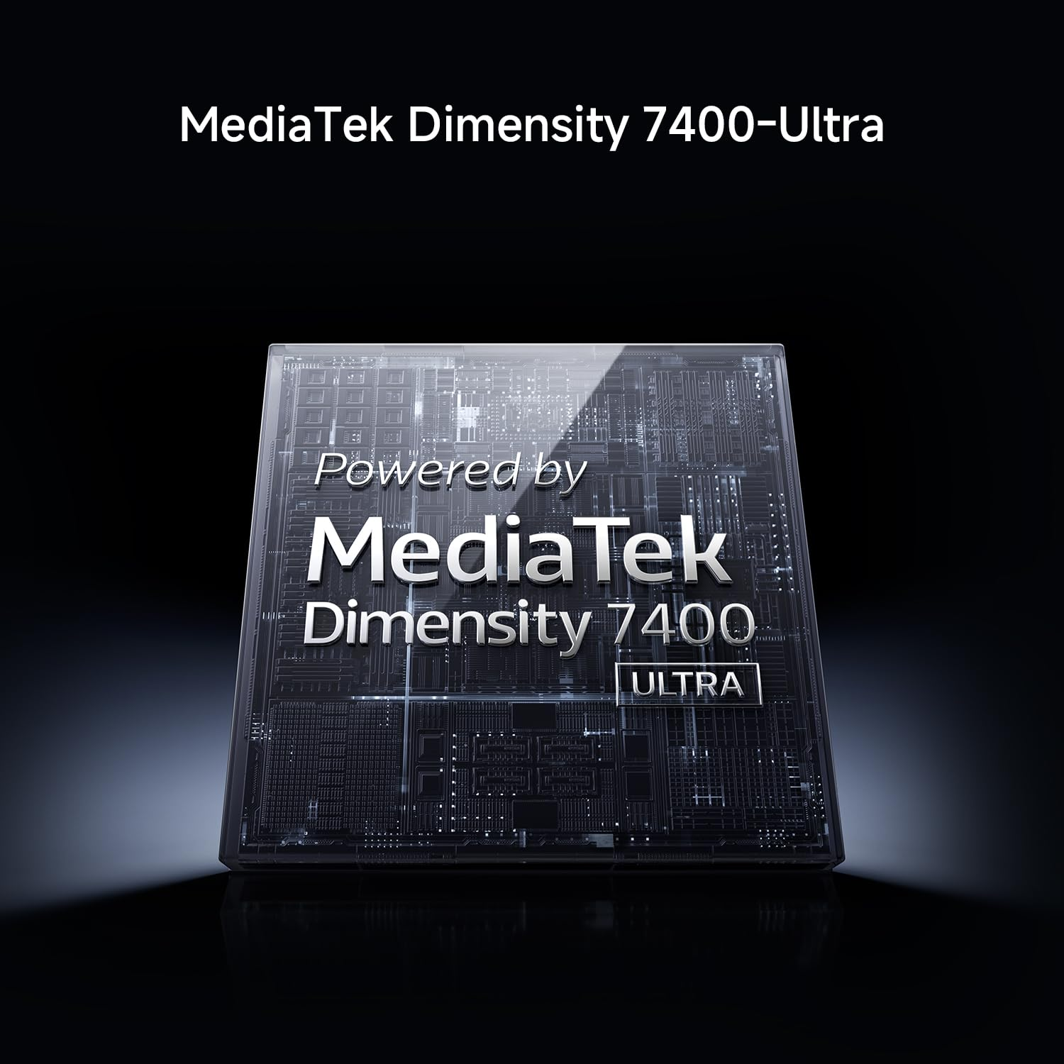 Ein Prozessor mit der Aufschrift "MediaTek Dimensity 7400 ULTRA" auf schwarzem Hintergrund.