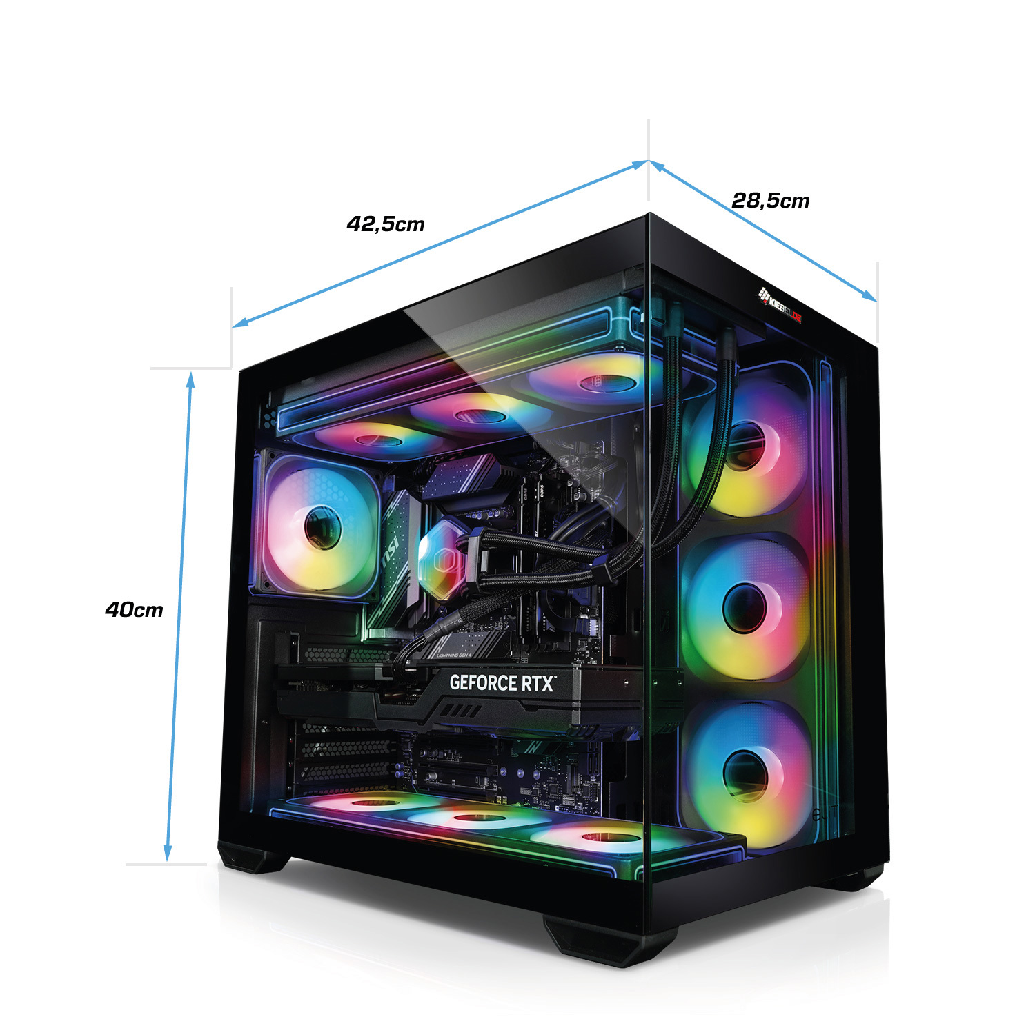 A black PC case with RGB fans, measuring 42.5x28.5x40cm.