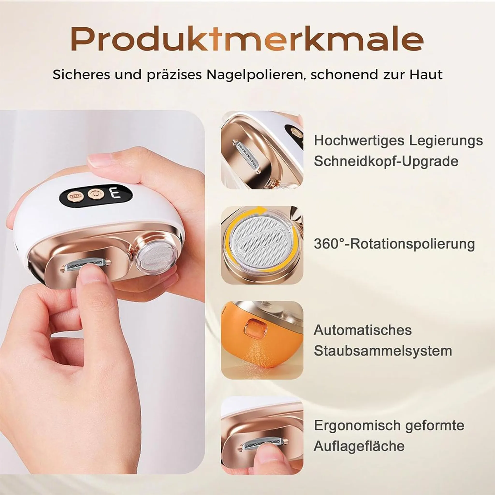 Ein weißes Nagelpflegegerät mit Roségold-Akzenten, das von Händen gehalten wird.