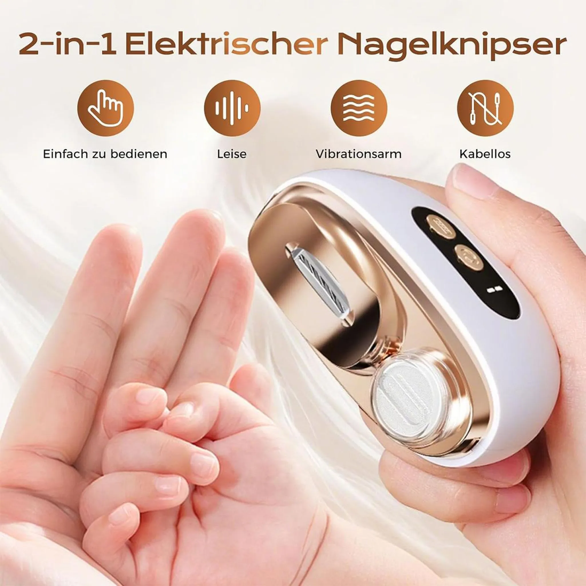 Elektrischer Nagelknipser mit Symbolen für einfache Bedienung, leise, vibrationsarm, kabellos.