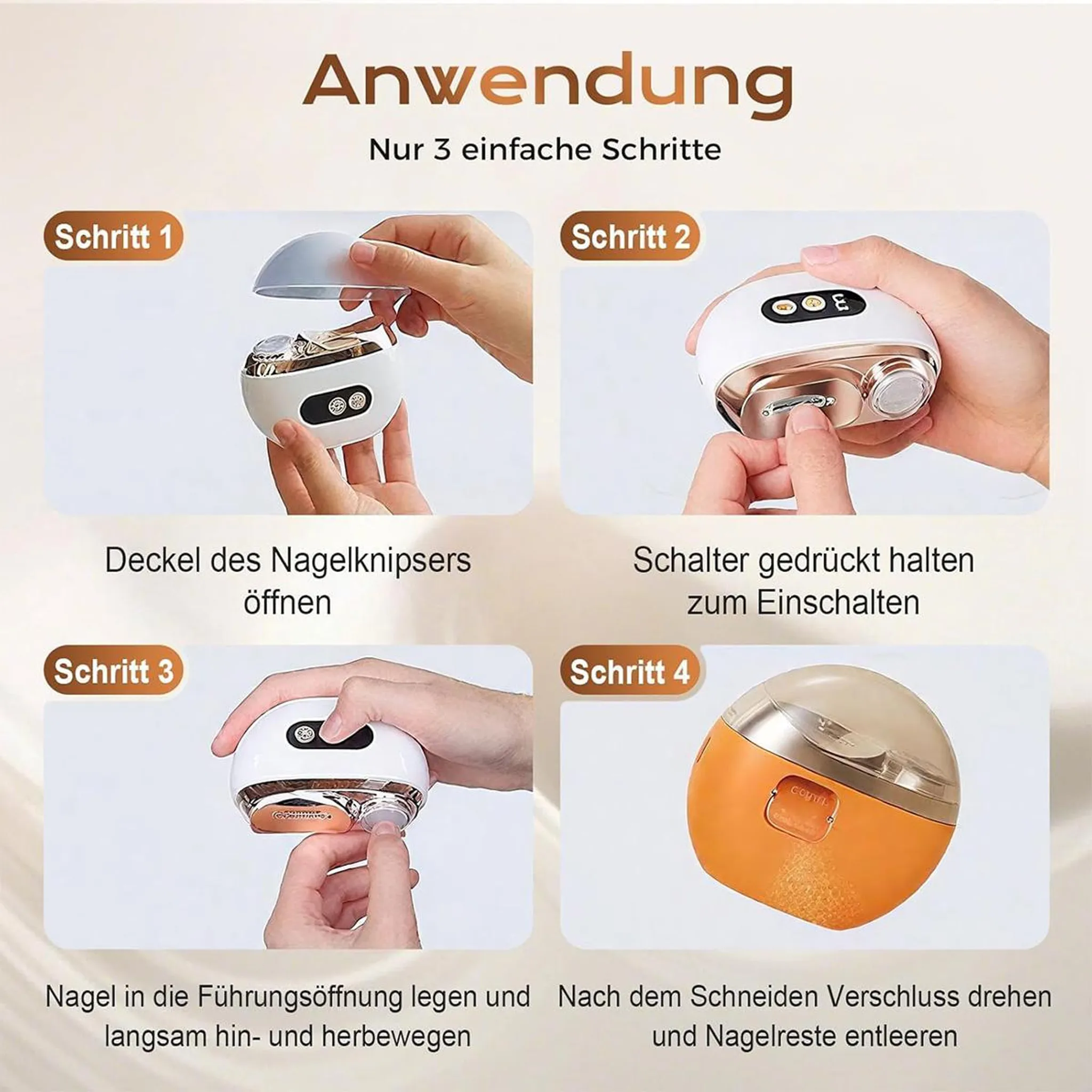 Anleitung eines elektrischen Nagelknipsers in 4 Schritten.