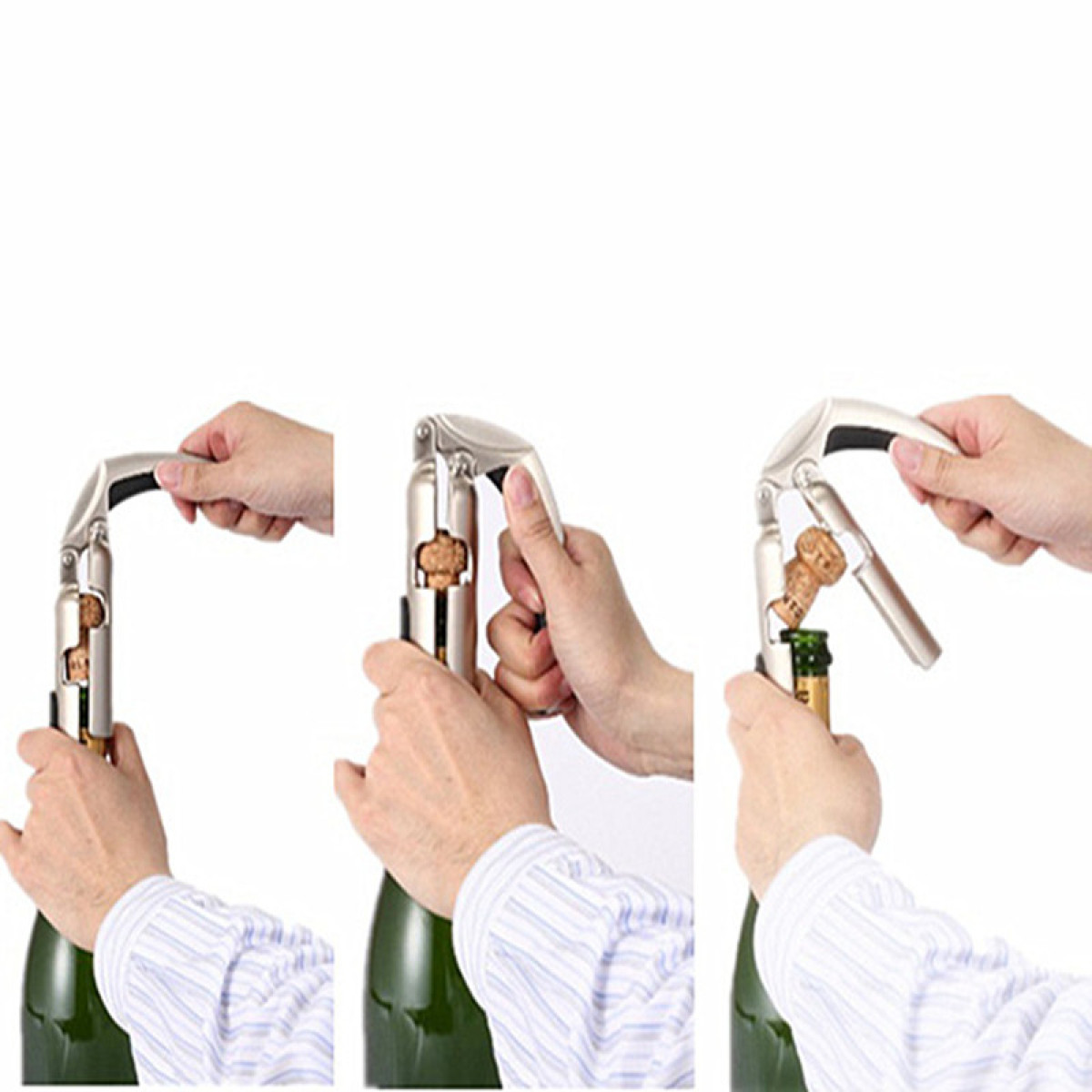 Drei Bilder zeigen eine Person, die einen Korkenzieher benutzt, um einen Korken aus einer grünen Flasche zu ziehen.