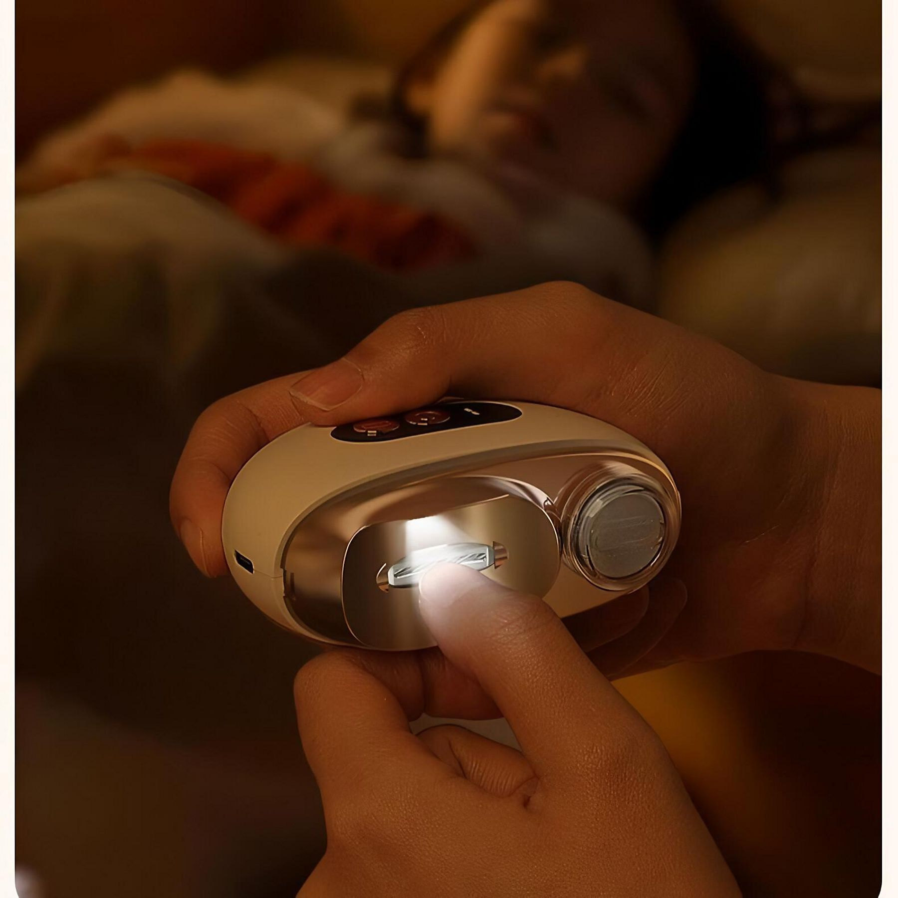 Eine Hand hält ein weißes Nagelpflegegerät mit Licht. Ein Kind schläft im Hintergrund.
