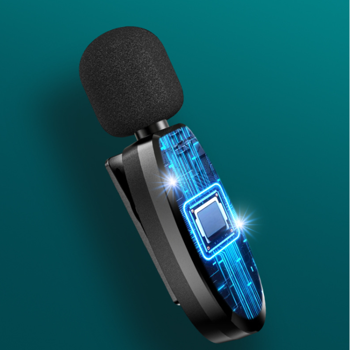 Czarny mikrofon z piankową osłoną i przezroczystym bokiem pokazującym obwody.