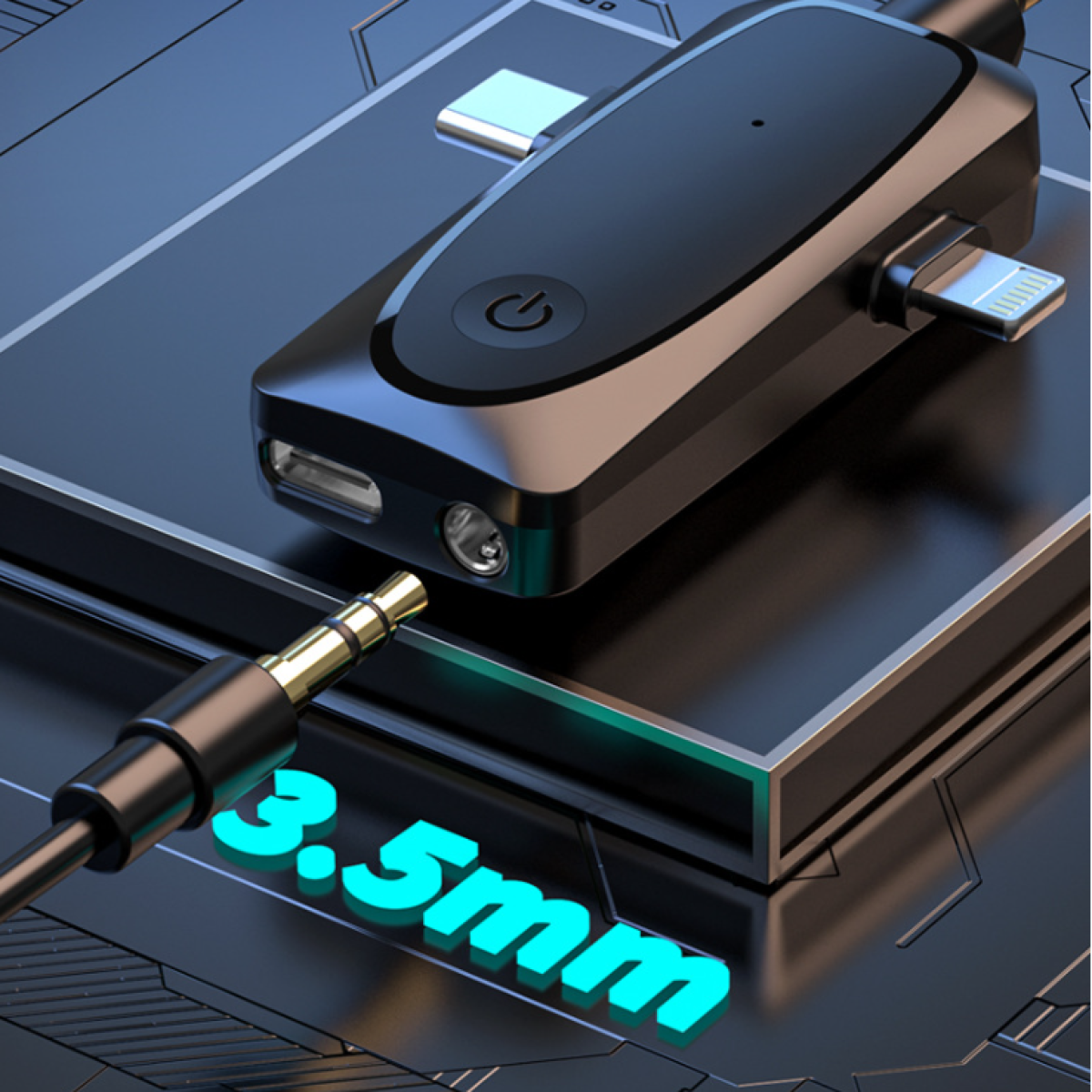 Czarny adapter 3,5 mm ze złączem Lightning na ciemnym, teksturowanym tle.