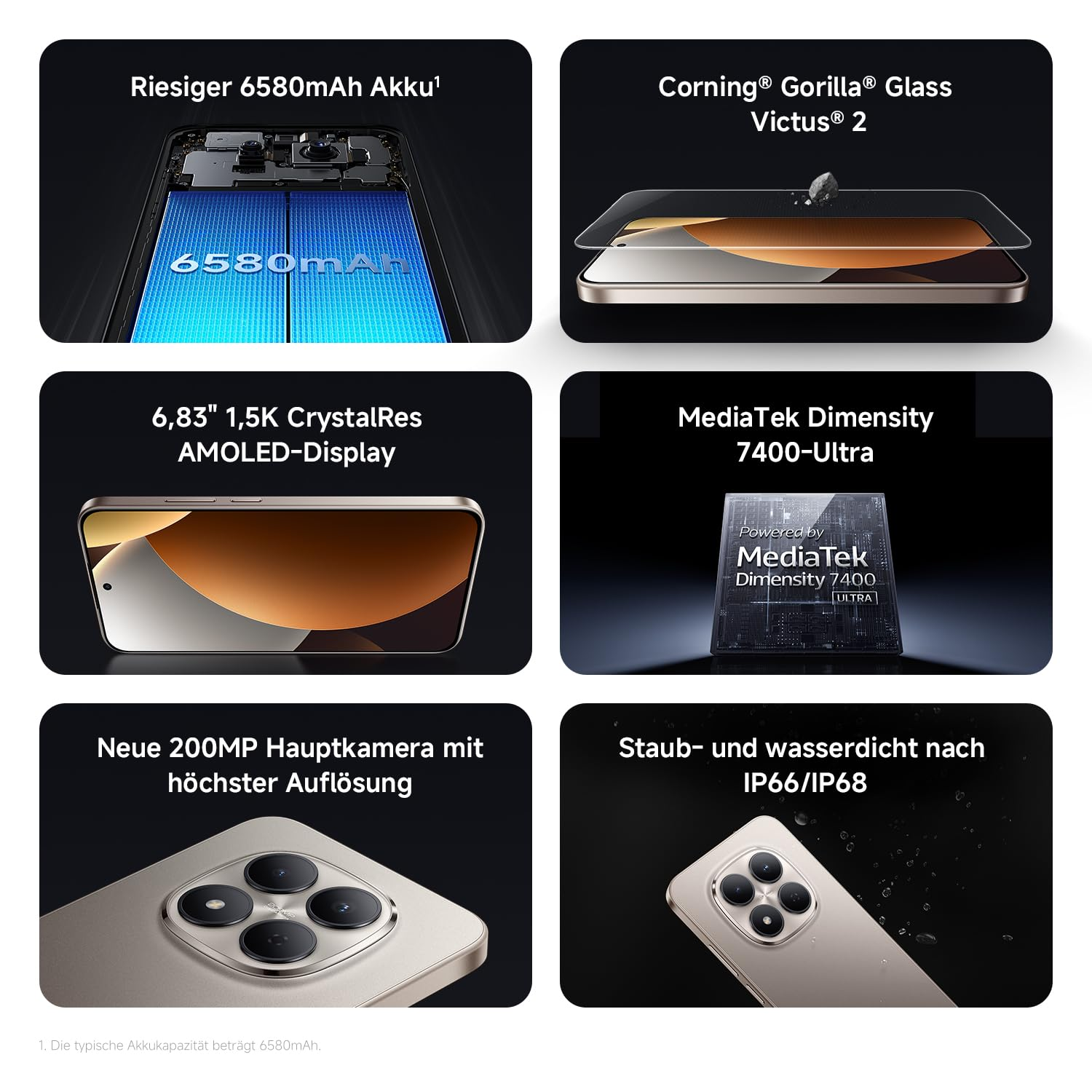 Smartphone-Spezifikationen: 6580mAh Akku, Gorilla Glass Victus 2, 6,83" AMOLED Display.