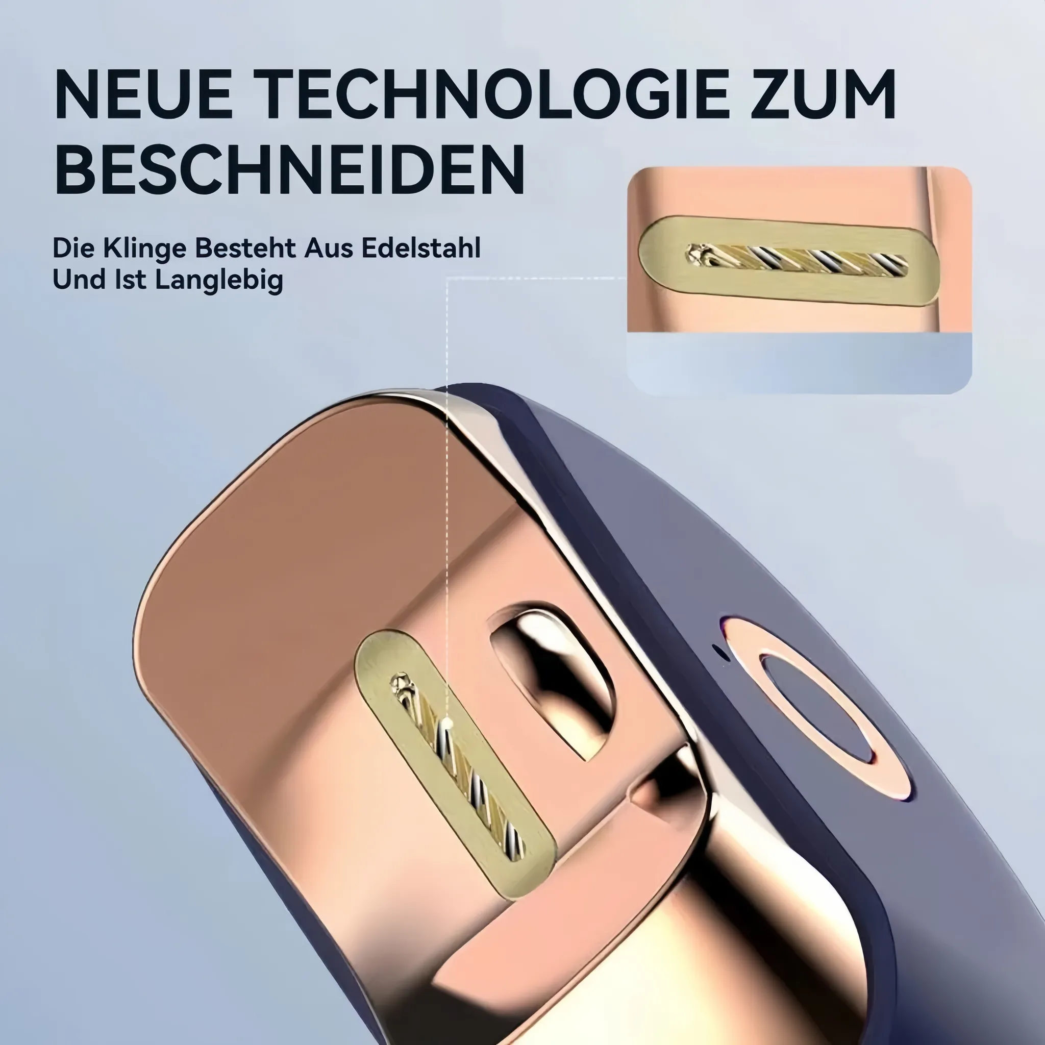 Nahaufnahme eines Rasierers mit Edelstahlklinge und Roségold-Akzenten.