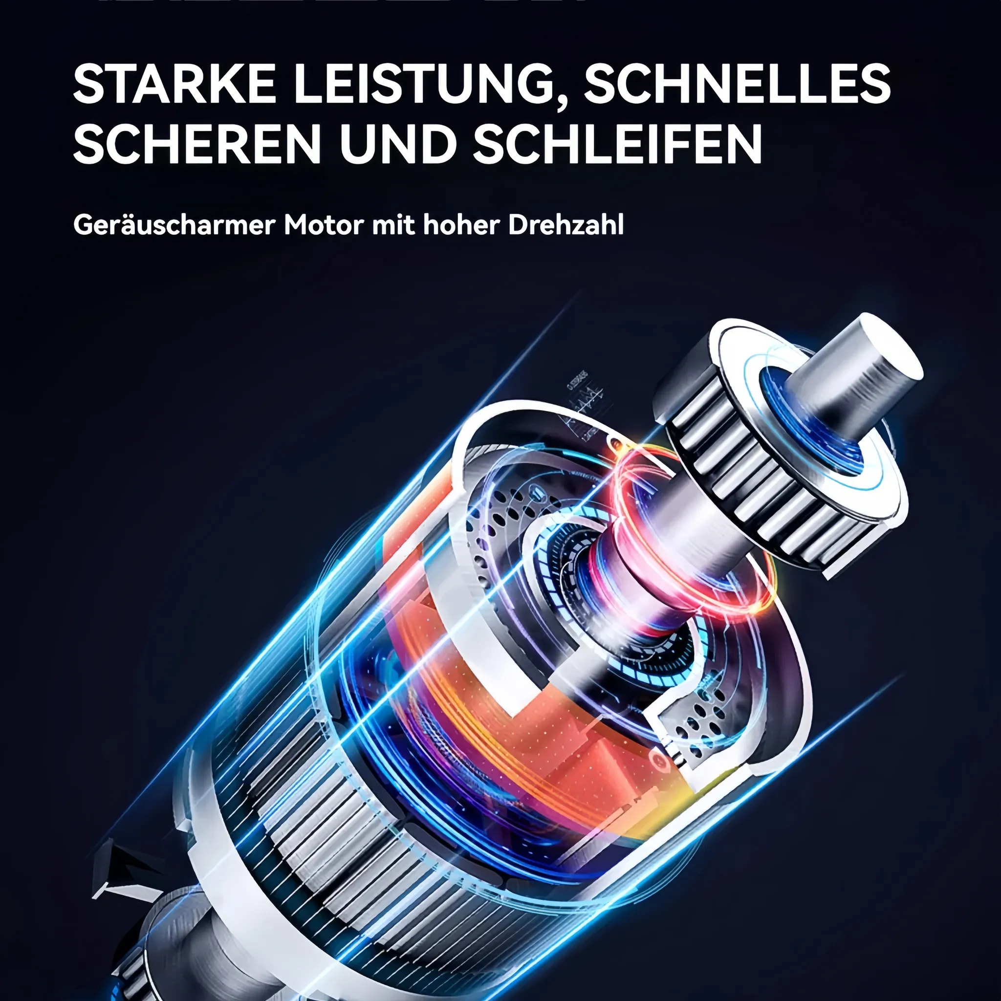 Abstraktes Bild eines Motors mit leuchtenden blauen und roten Lichtern auf dunklem Hintergrund.