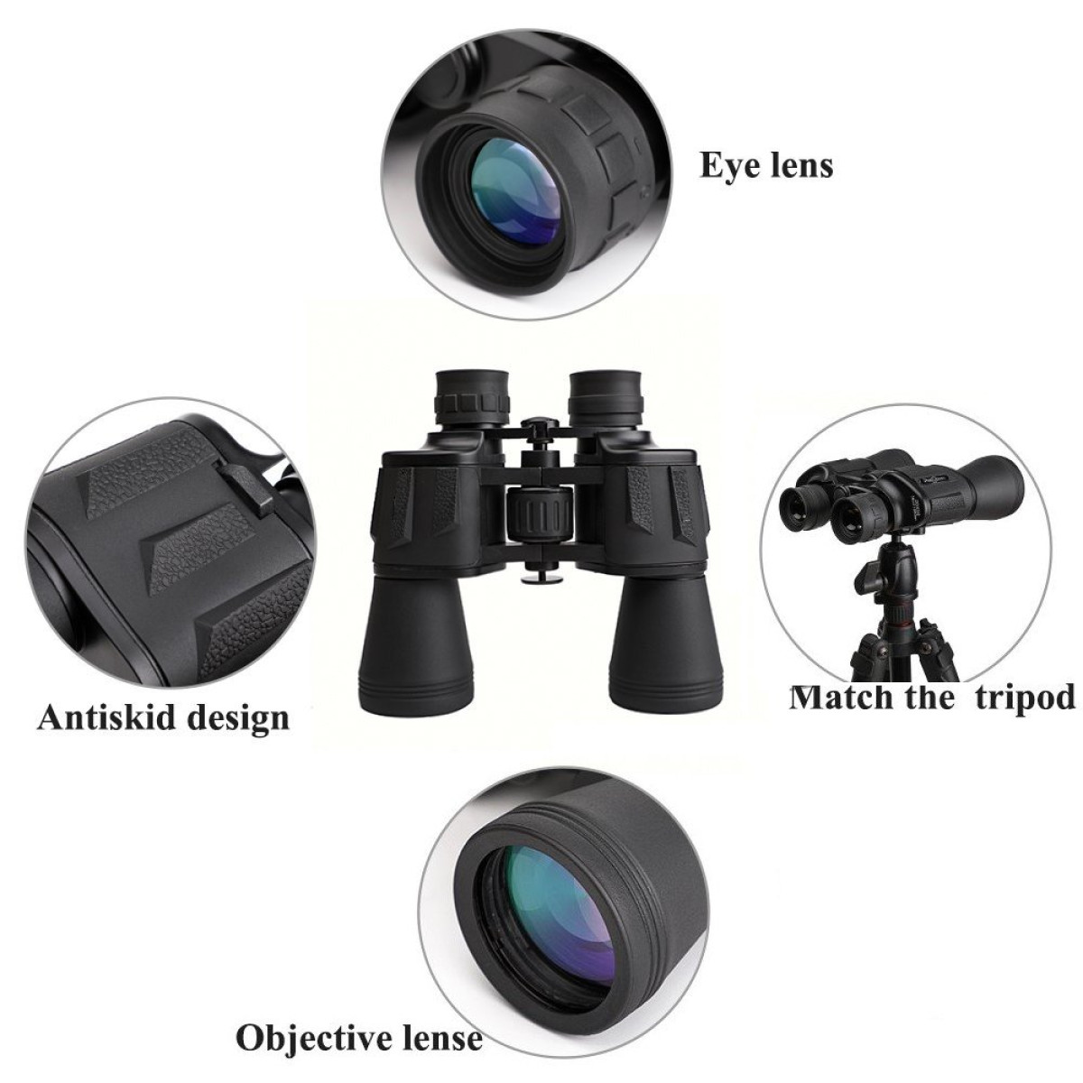 Binoculares negros con primeros planos de oculares, lentes objetivas y agarre antideslizante.