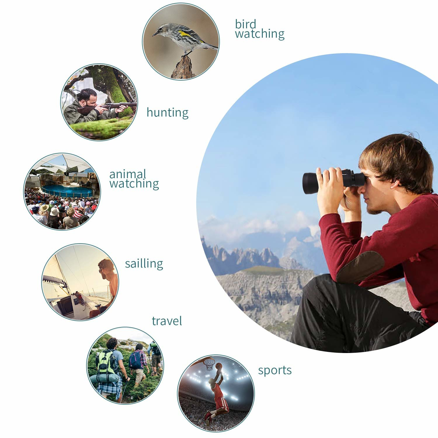 Hombre con binoculares en montaña, pájaro, caza, observación animales, vela, viaje, deporte.