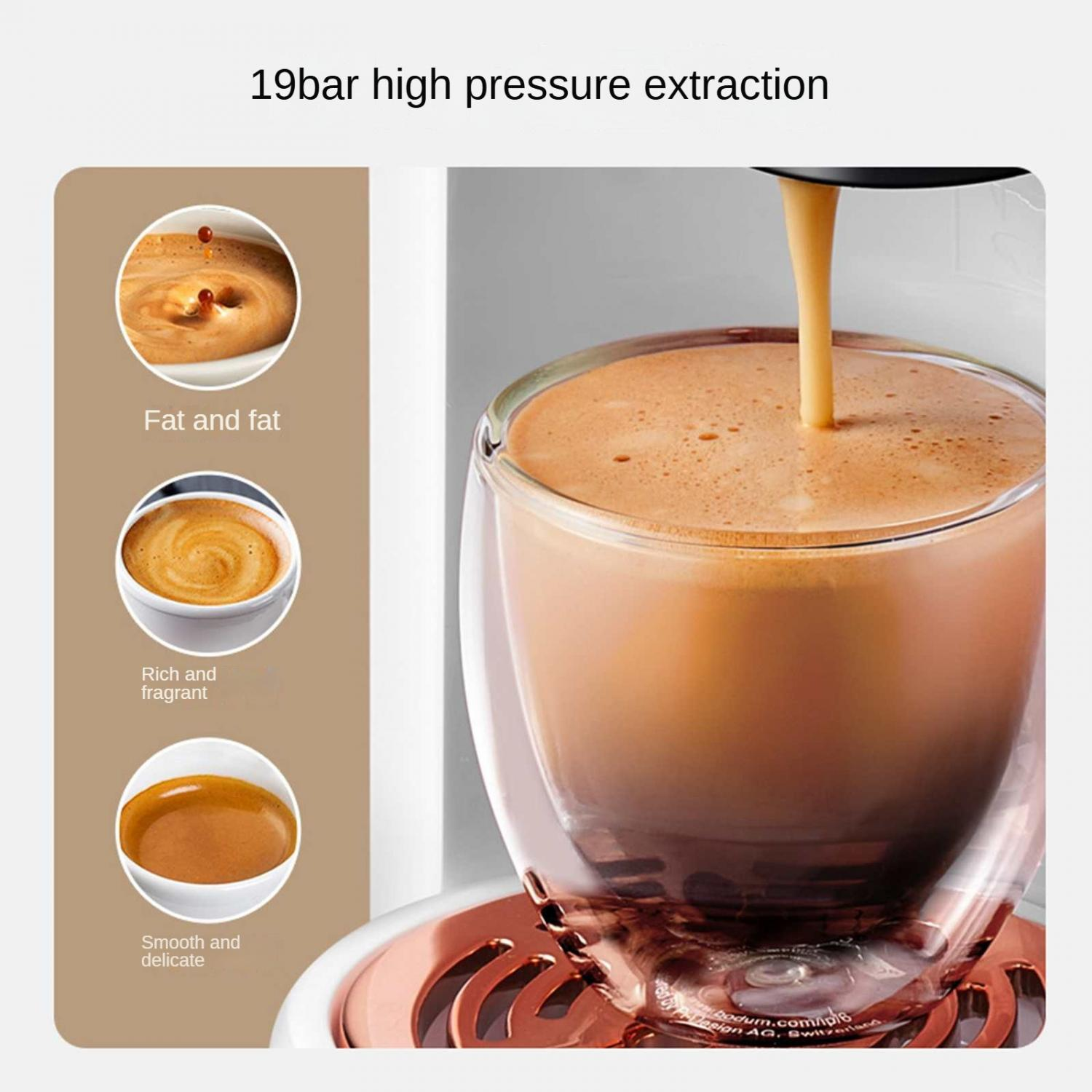 Kaffee wird in ein Glas getropft, daneben drei Bilder von Kaffee.