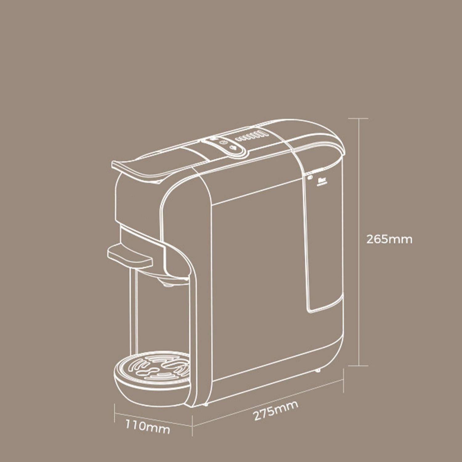 Zeichnung einer Kaffeemaschine mit Maßen: 110mm Breite, 275mm Länge, 265mm Höhe.