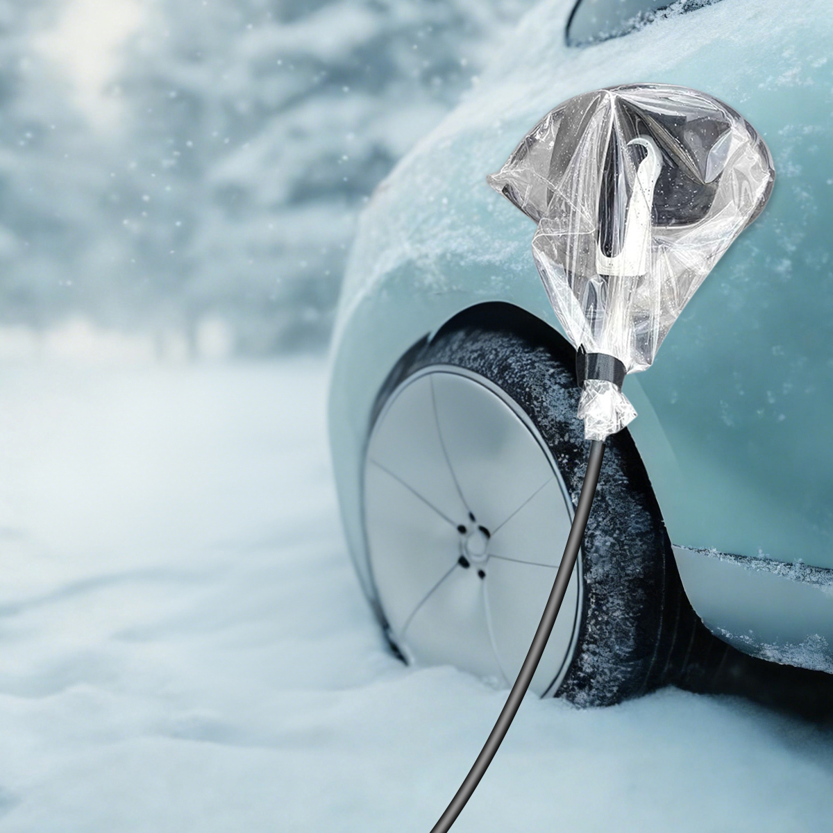 Un'auto elettrica si sta caricando in un paesaggio invernale innevato con alberi sullo sfondo.