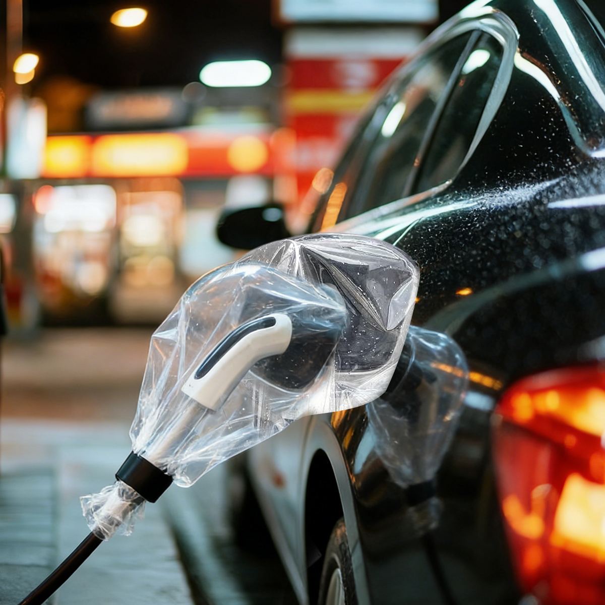 Un cavo di ricarica con copertura protettiva è collegato a un'auto elettrica nera.