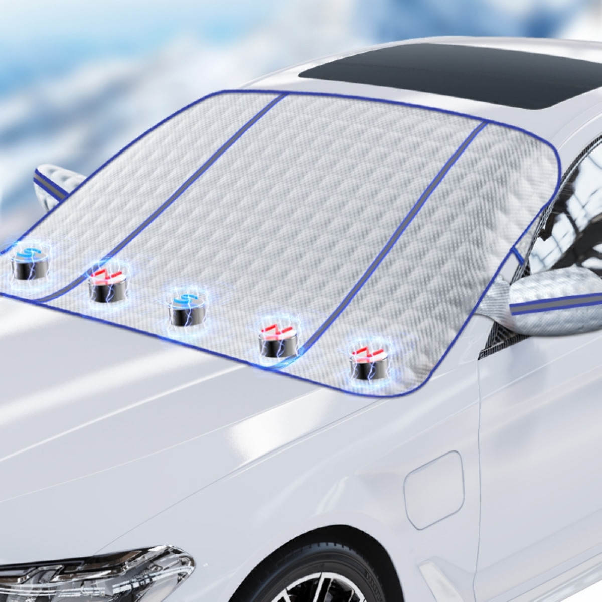 Weiße Auto-Windschutzscheibenabdeckung mit blauer Zierleiste, gesichert durch Saugnäpfe mit blauen und roten Lichtern.