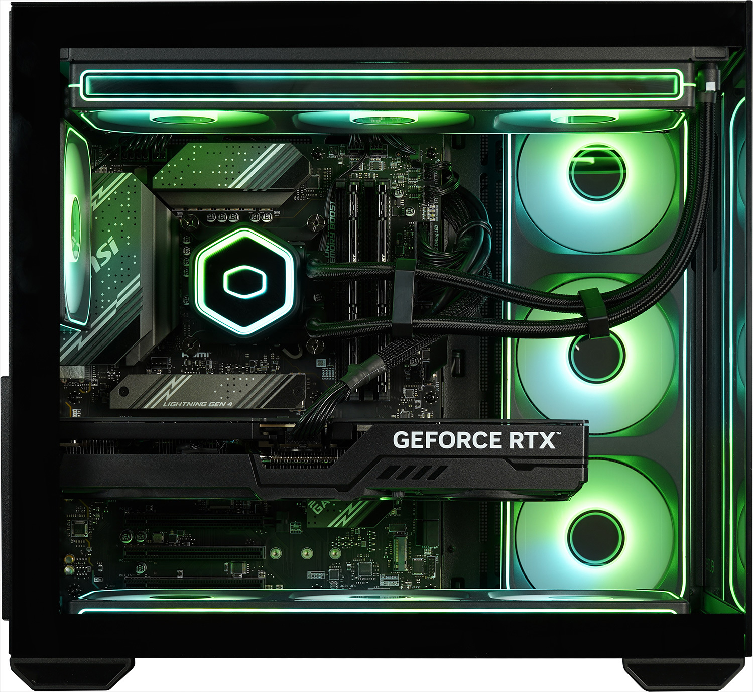 Een pc-behuizing met groene en witte verlichting, zichtbare componenten en ventilatoren.